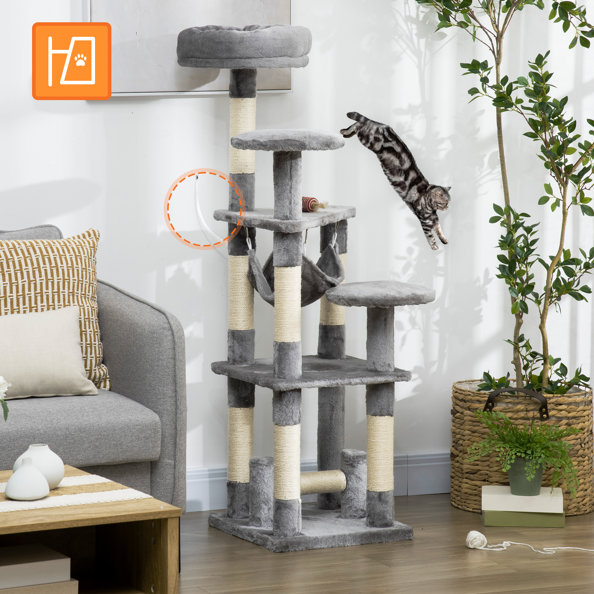 Katzenbaum Katzenkratzbaum Katzenspielturm Katzen Kletterbaum Kratzbaum Hängematte Grau L40 x B40 x H132 cm