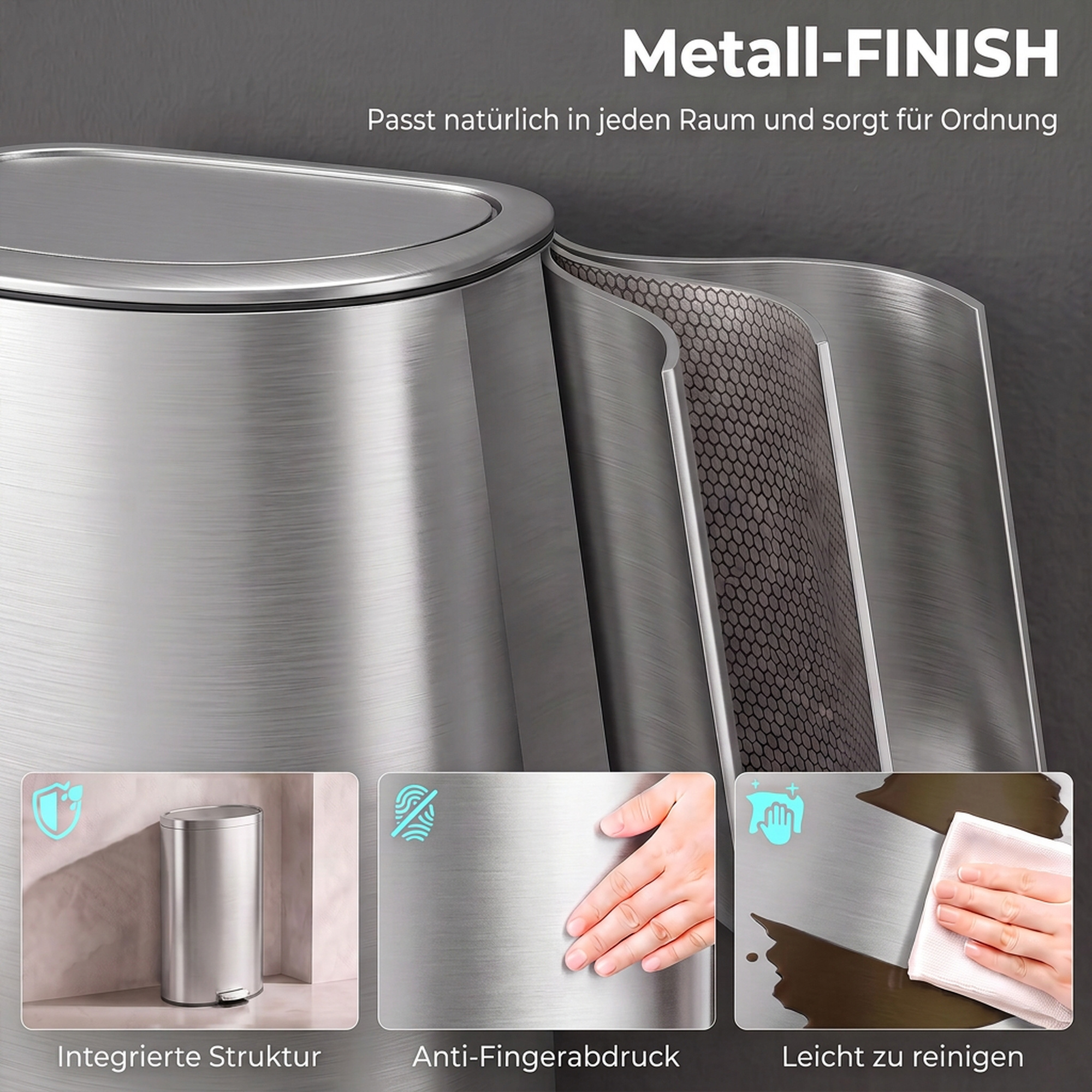Mülleimer mit Soft-Close Deckel Treteimer mit Herausnehmbarem Inneneimer 30L Silber