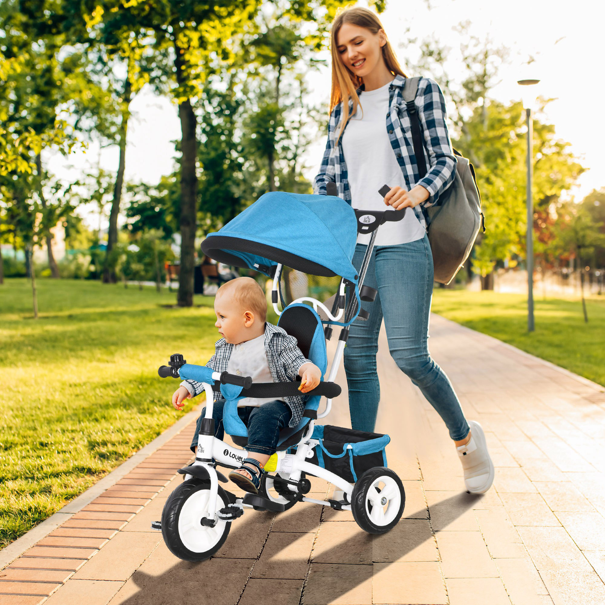 6-in-1 Kinderdreirad mit Schiebestange, Dach, Gurt, Ablagekorb, für 1-5 Jahre, Blau