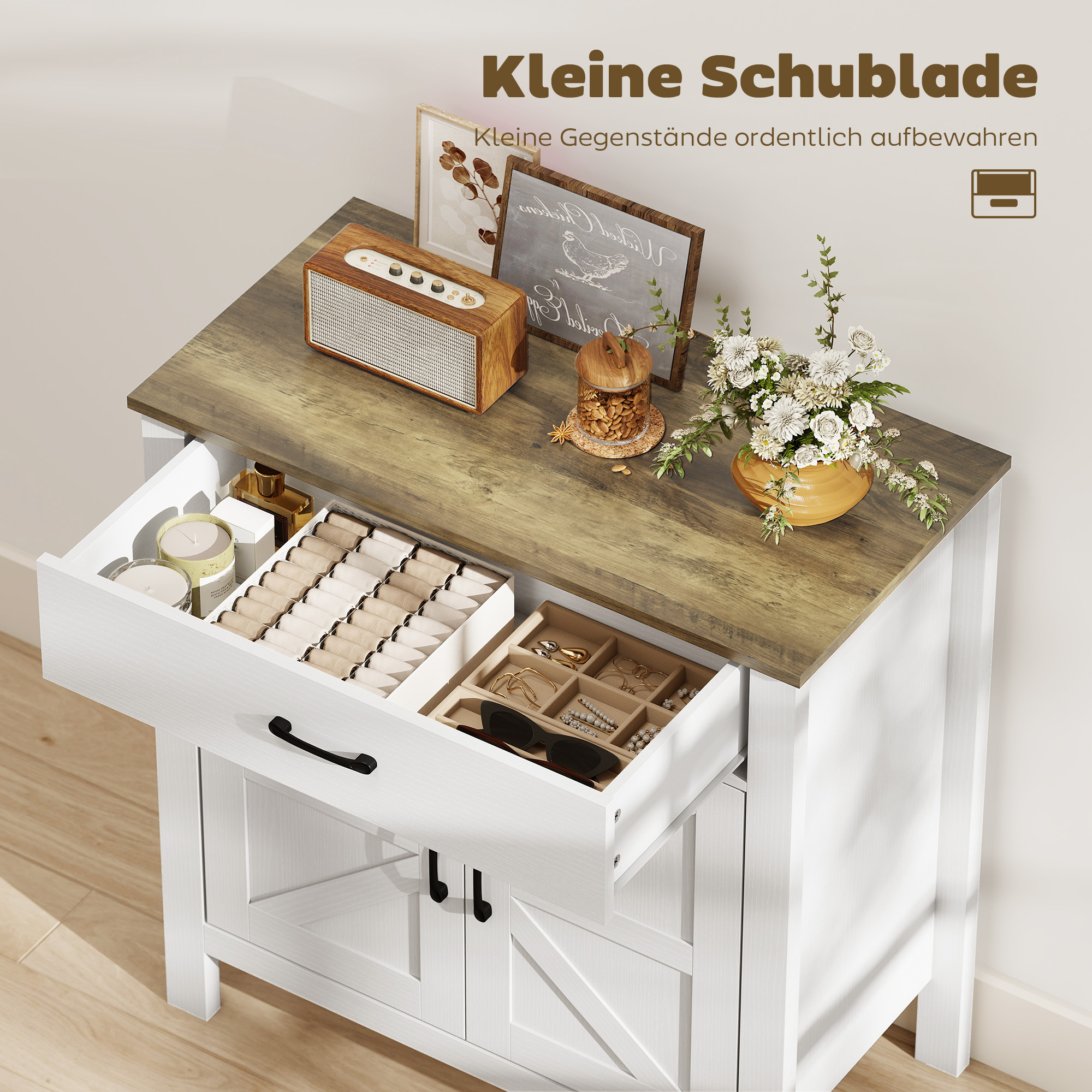 Sideboard Buffet-Schrank, Bauernhaus-Küchenschrank mit Schiebetüren und verstellbarem Regal, Weiß