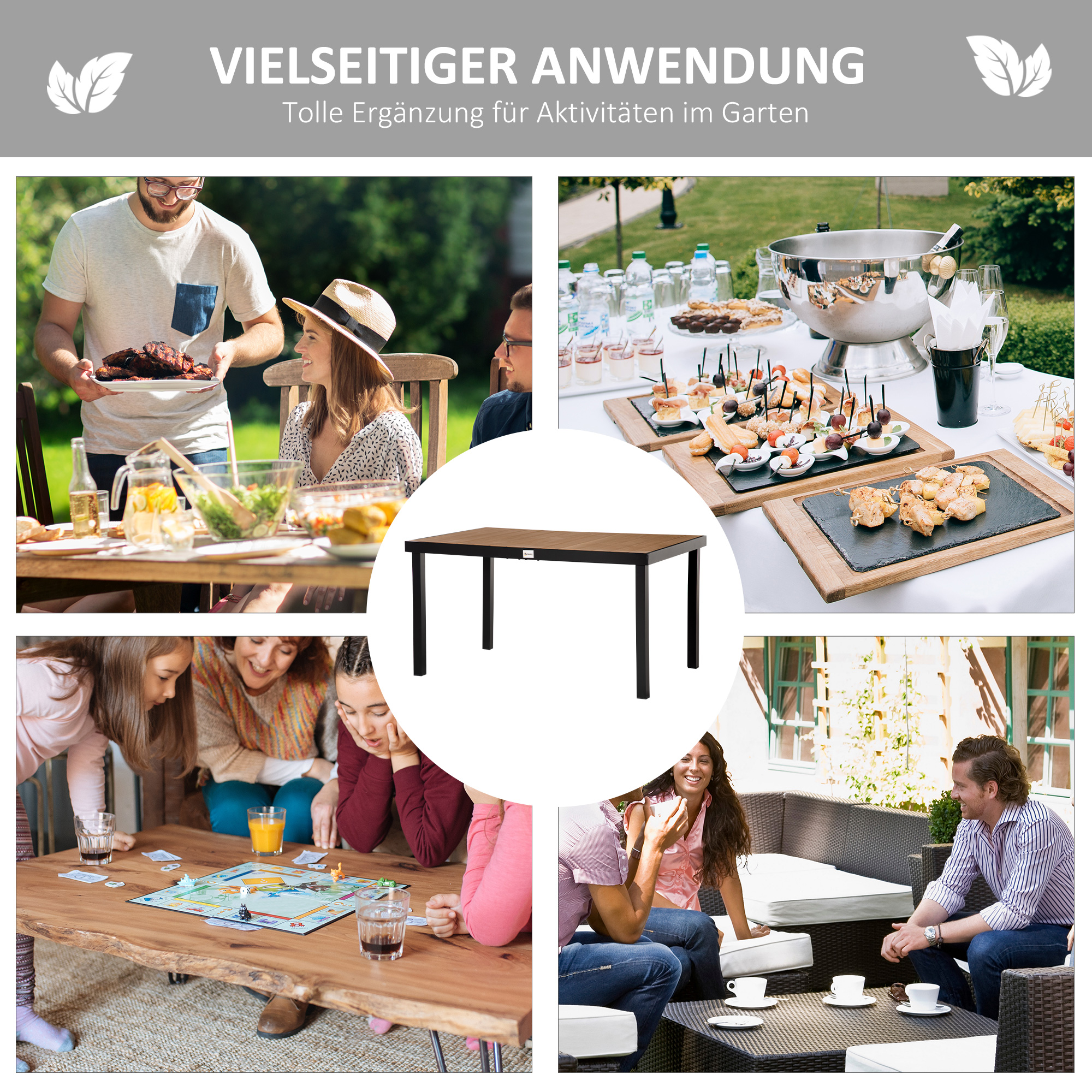 Gartentisch für 6 Personen Esstisch Aluminiumtisch Gartenmöbel Loungemöbel pflegeleicht Kunststoff Natur+Schwarz 140 x 90 x 74 cm