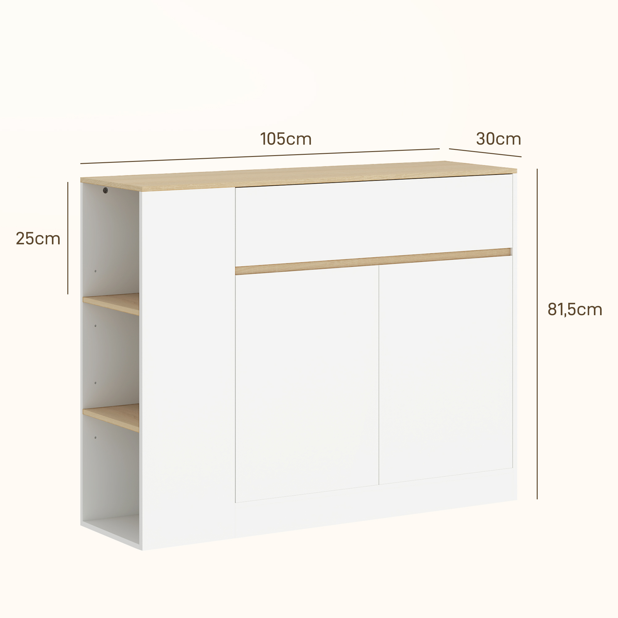 Sideboard, großes Schrankfach, 3 Ablagefächer, Schublade, 106 x 30 x 81,2cm, Weiß/Holz