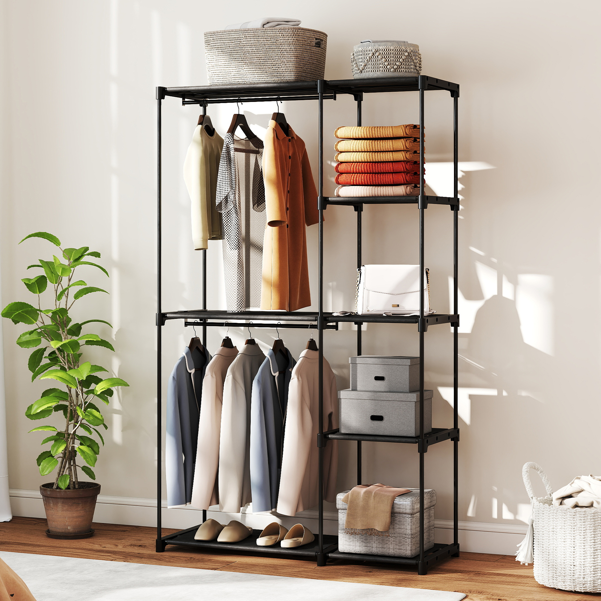 Stoffschrank Kleiderschrank mit Kleiderstange, Ablagen, für Schlafzimmer, Ankleidezimmer, 111 x 43 x 185 cm, Schwarz