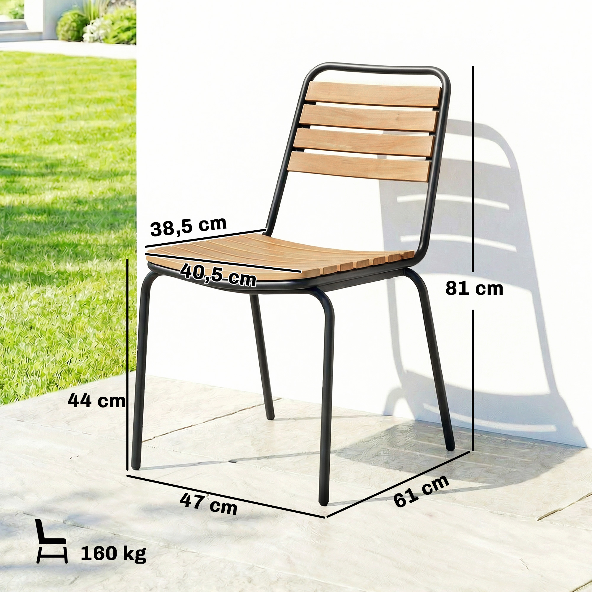 Gartenstuhl 2er Set wetterfest Gartenstühle aus Stahl und Holz Stapelstuhl mit Rückenlehne bis 160kg belastbar Naturholz