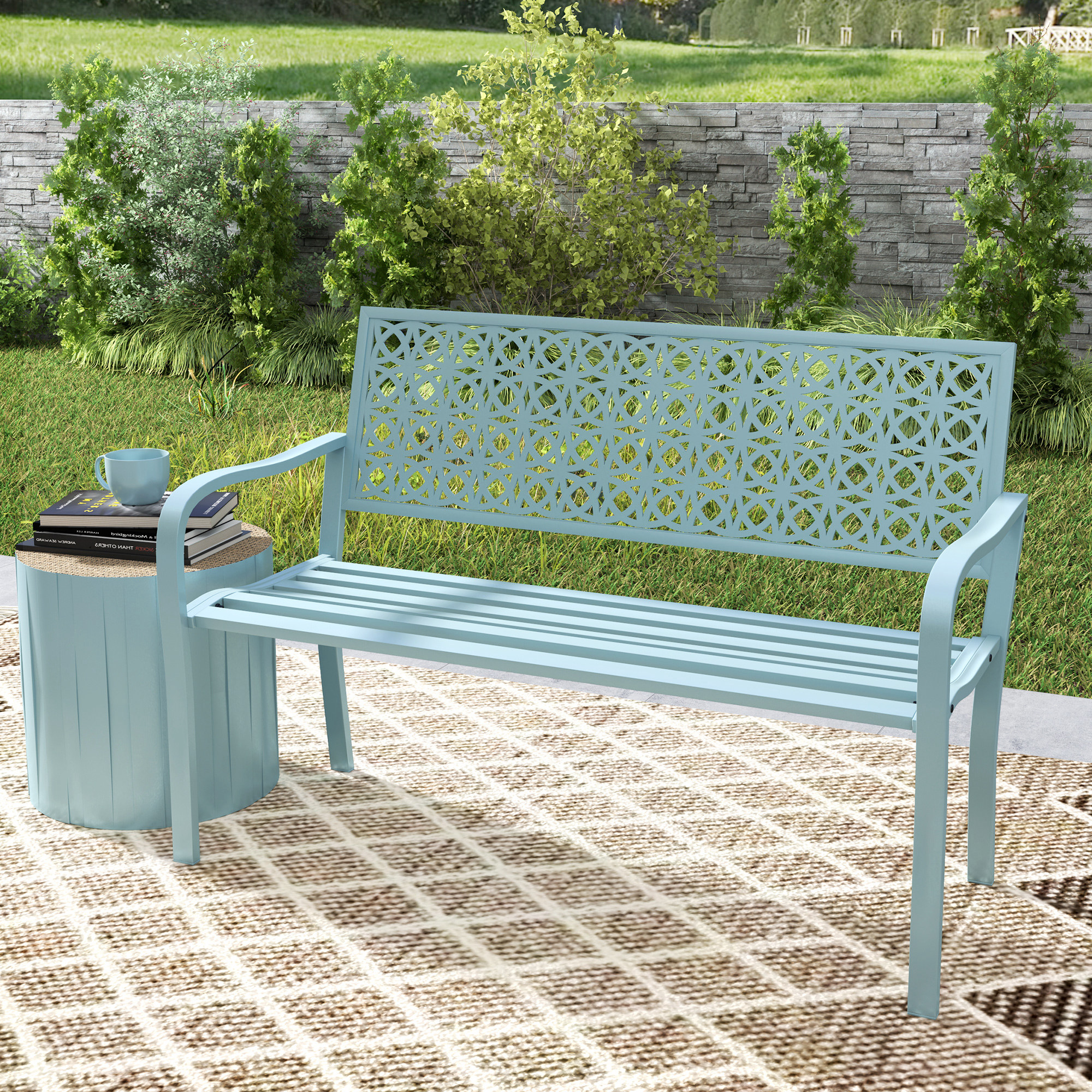 Außenbank, Gartenbank aus Stahl, Ausgeschnittene Rückenlehne, Armlehnen, für 2 Personen, Blau