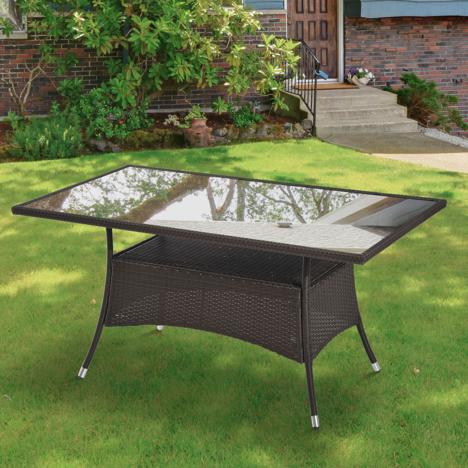 Gartentisch Glastisch Esstisch Gartenmöbel Tisch, Polyrattan+Sicherheitsglas, braun+schwarz, 150x85x74cm