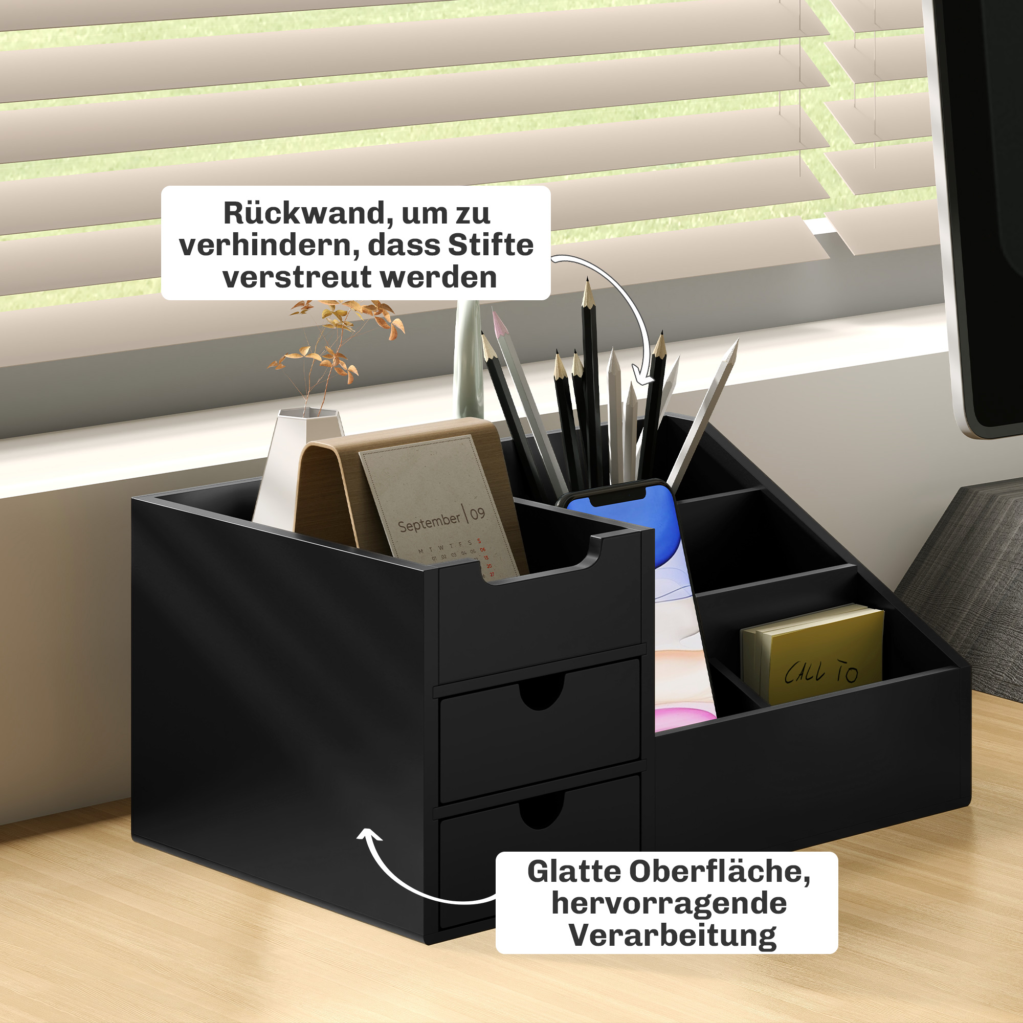 Schreibtischorganizer 2 Schubladen Aufbewahrungsbox Büro Box Organisation Schwarz 33 x 20,5 x 15,5 cm