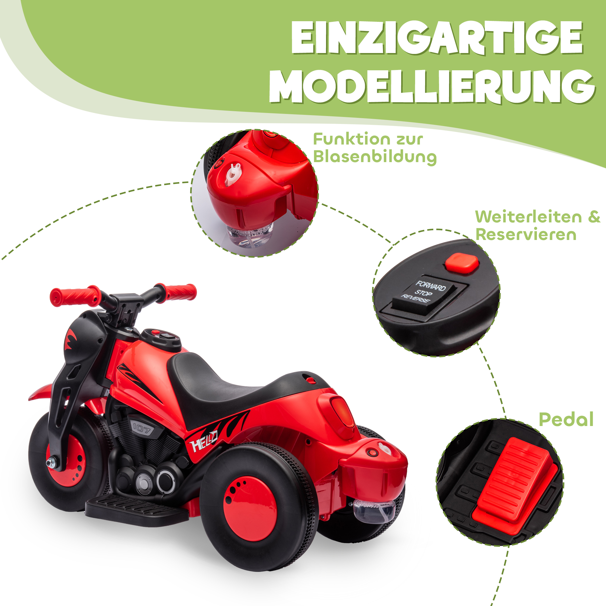 Elektro Kindermotorrad, 6V Kindermotorrad mit Musik, Blasen 2,5-3 km/h, für 2-5 Jahre Kinder