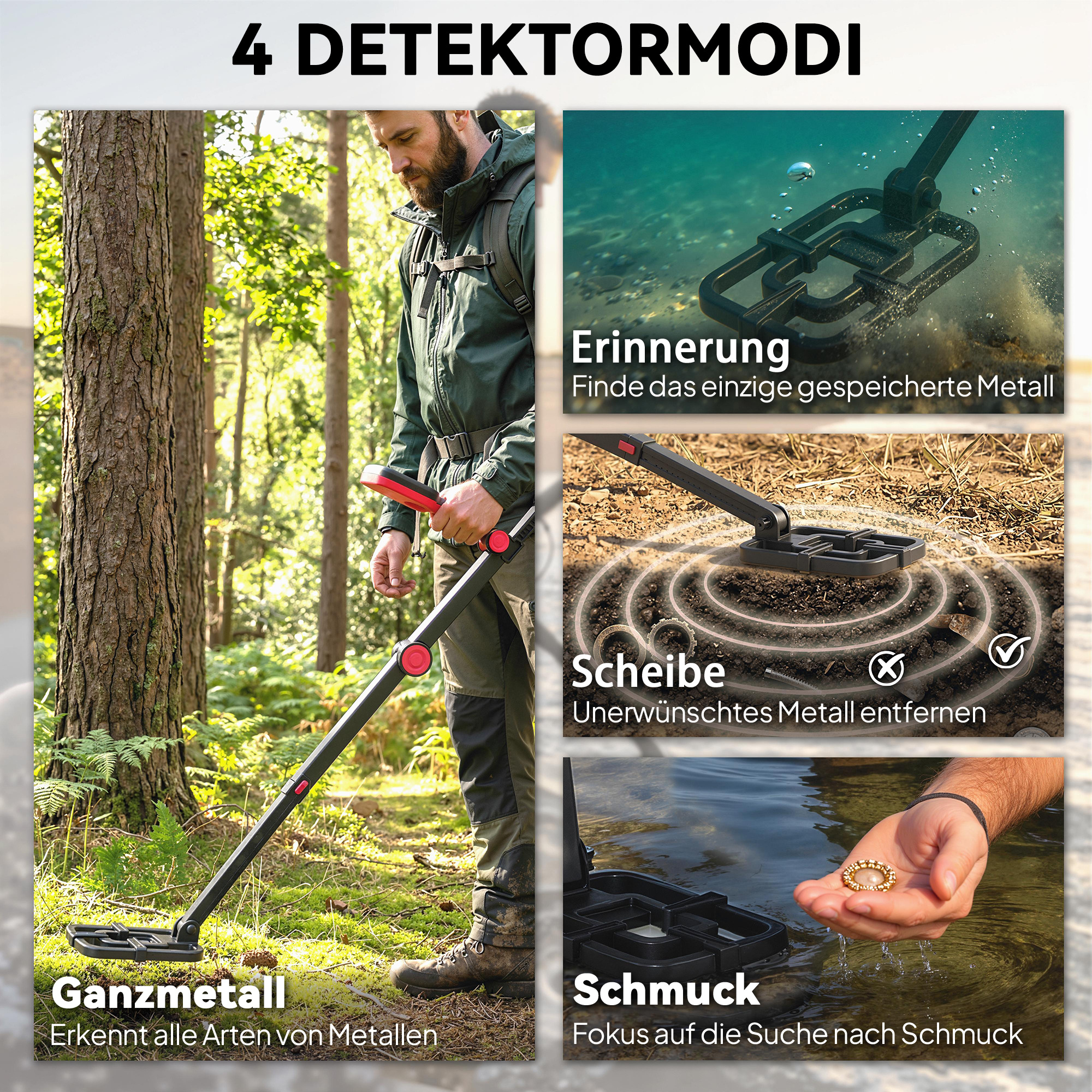 Metalldetektor IP68 Wasserdicht faltbar Metallsuchgerät mit 4 Modi Kopfhörer Schaufel Tragetasche LCD-Display