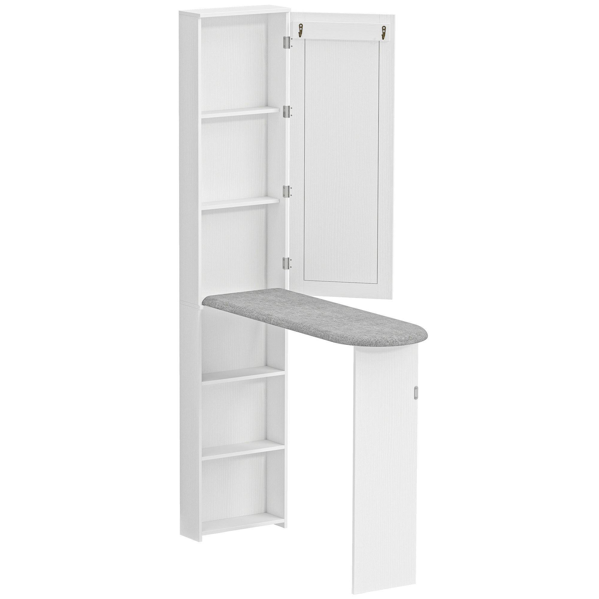 Faltbar Bügelbrettschrank mit Tür internen Regalen Spiegel Platzsparend Bügeltisch für Wäschepflege 106x35x174 cm Weiß