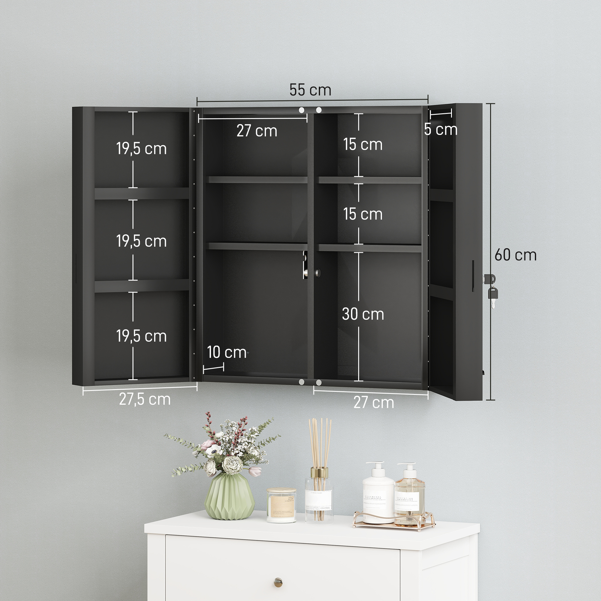 Medizinschrank, abschließbarer Medikamentenschrank mit 2 Türen und 6 Regalen, Schwarz