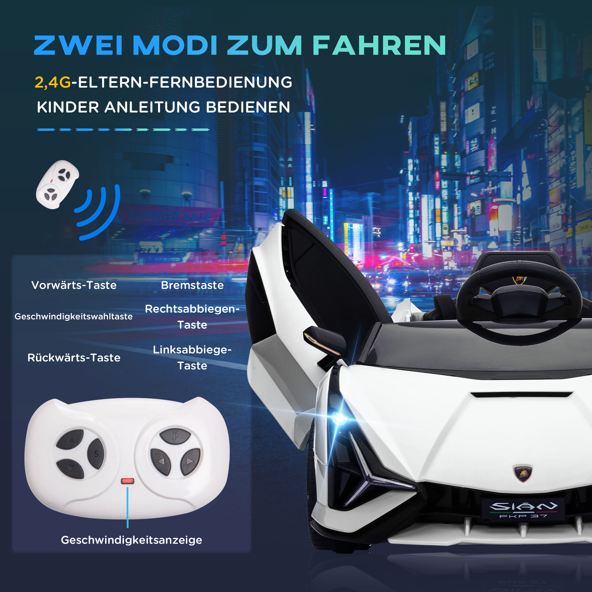 Kinderfahrzeug 12V 2 Fahrmodi Lamborghini SIAN SUV-Auto-Spielzeug Elektroauto mit Fernbedienung Musik(MP3/USB) Licht 37-60 Monate Metall Weiß 108 x 62 x 40 cm