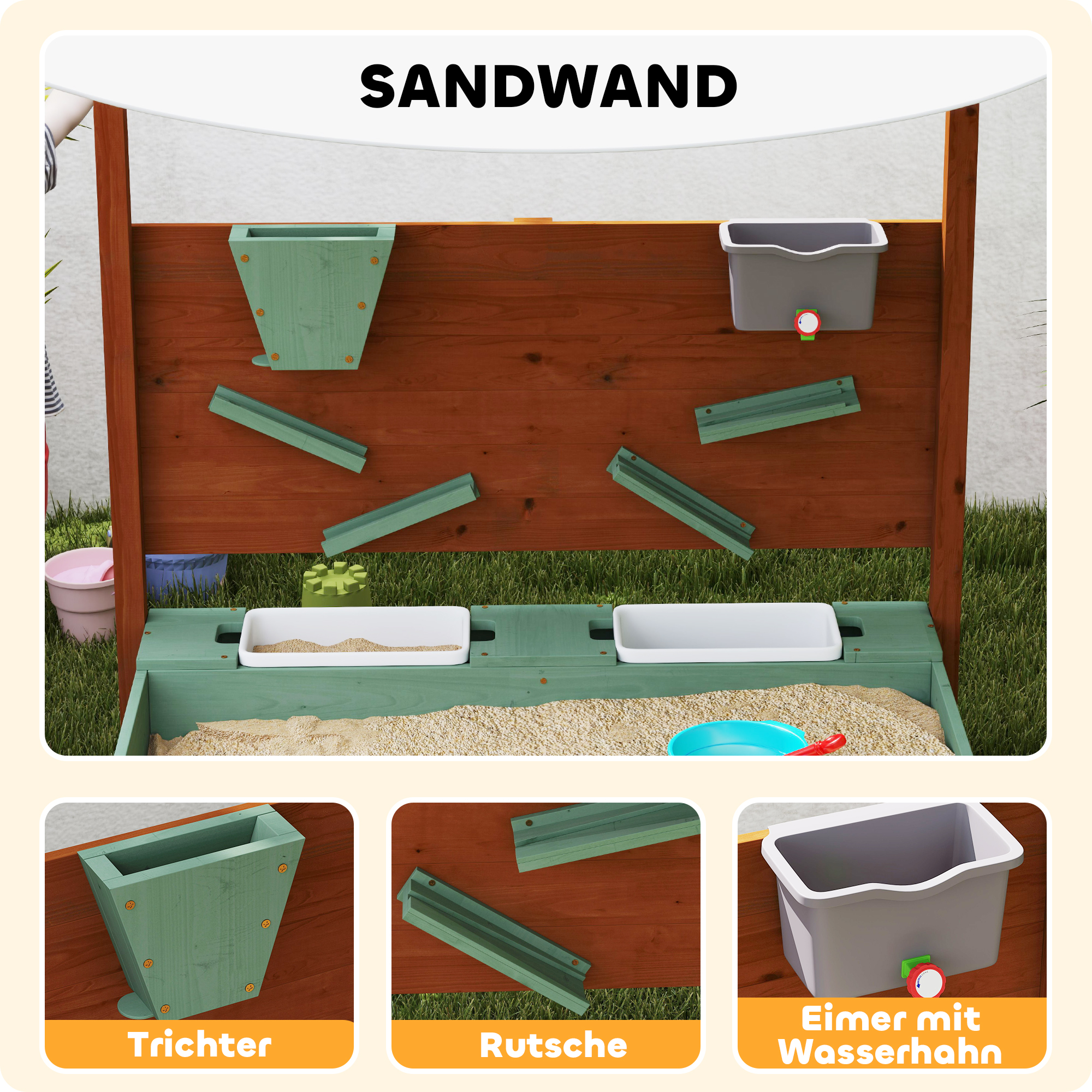 Sandkasten mit Sonnendach für Kinder, 2 Aufbewahrungsbehälter, 116L x 112,5B x 128H cm, Tannenholz, Kunststoff, Grün