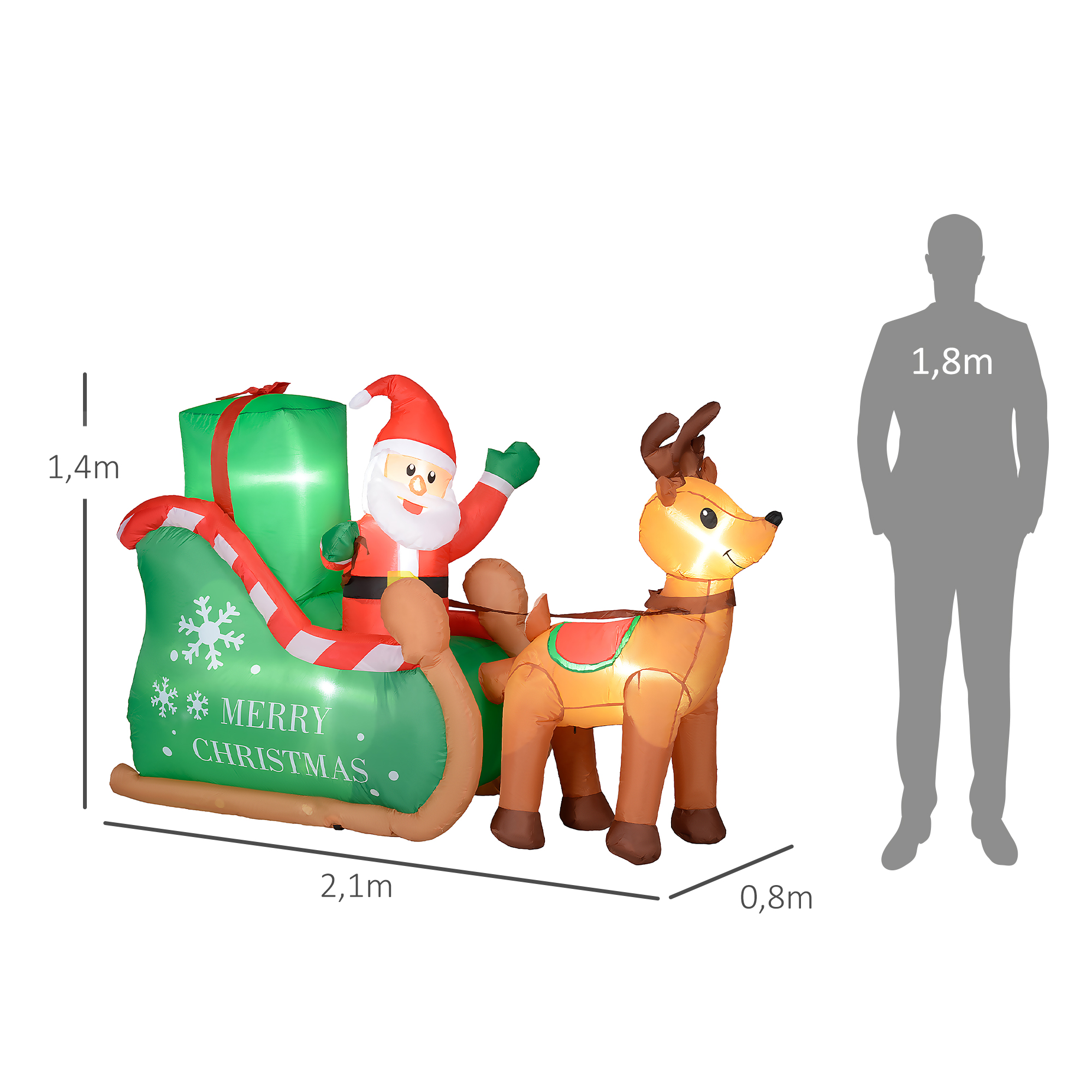 Weihnachtsmann mit Schlitten & Rentier, aufblasbar, weiße LED-Beleuchtung, 210 x 80 x 140 cm