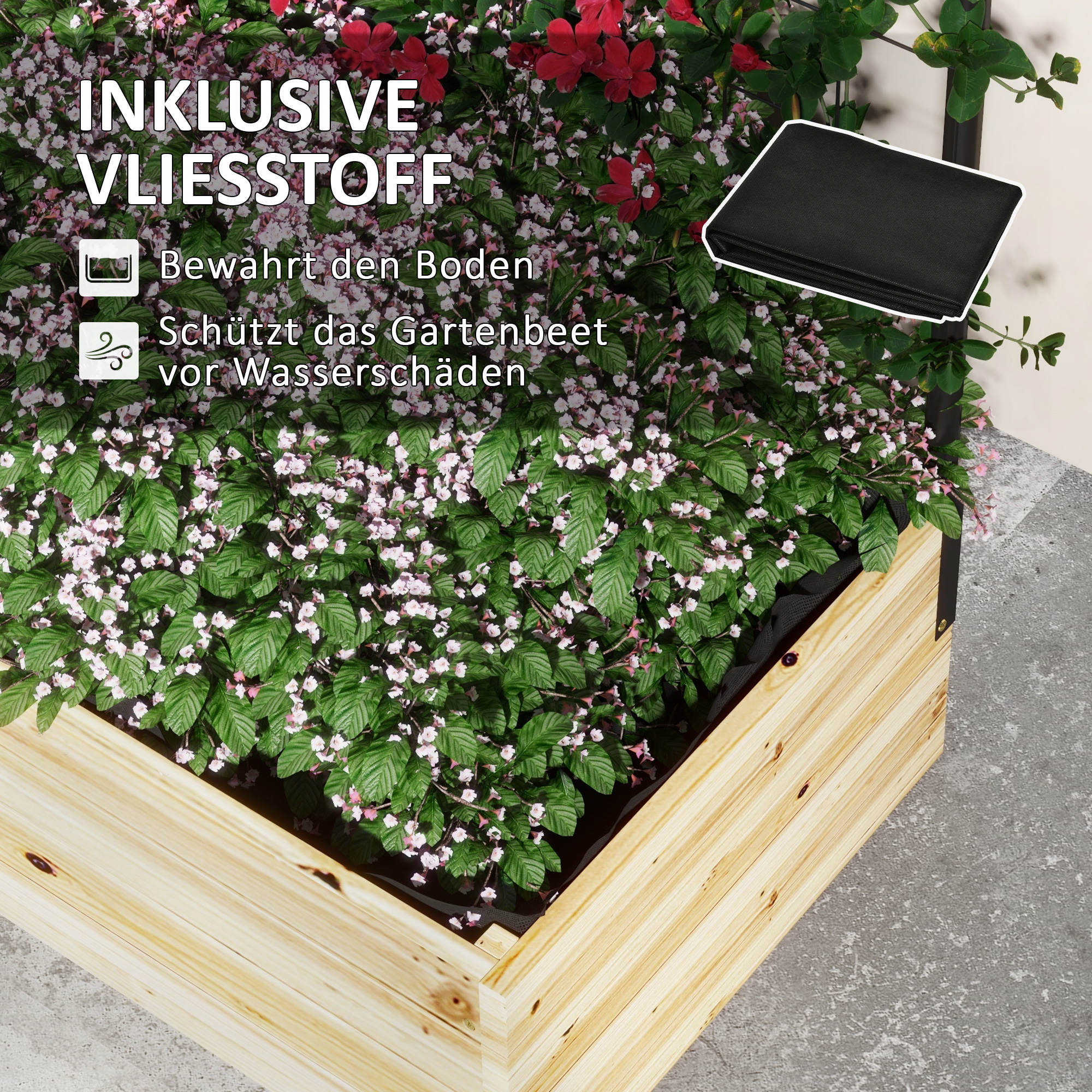 Hochbeet mit Rankgitter, Innenfutter aus Vlies, Naturholz, Stahl, 80x38x145 cm, Schwarz