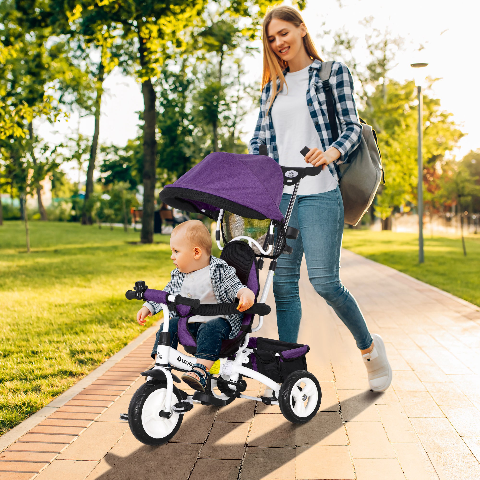 6-in-1 Kinderdreirad mit Schiebestange, Dach, Gurt, Ablagekorb, für 1-5 Jahre, Blau