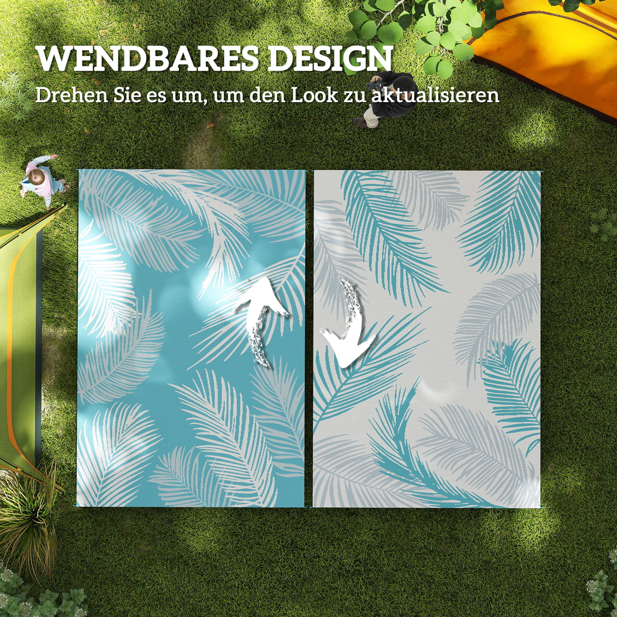 Outdoor Teppich wendbarer robuster Wetterfest Outdoorteppich mit Tragetasche Bodenankern 274 x 182 cm Hellblau+Weiß
