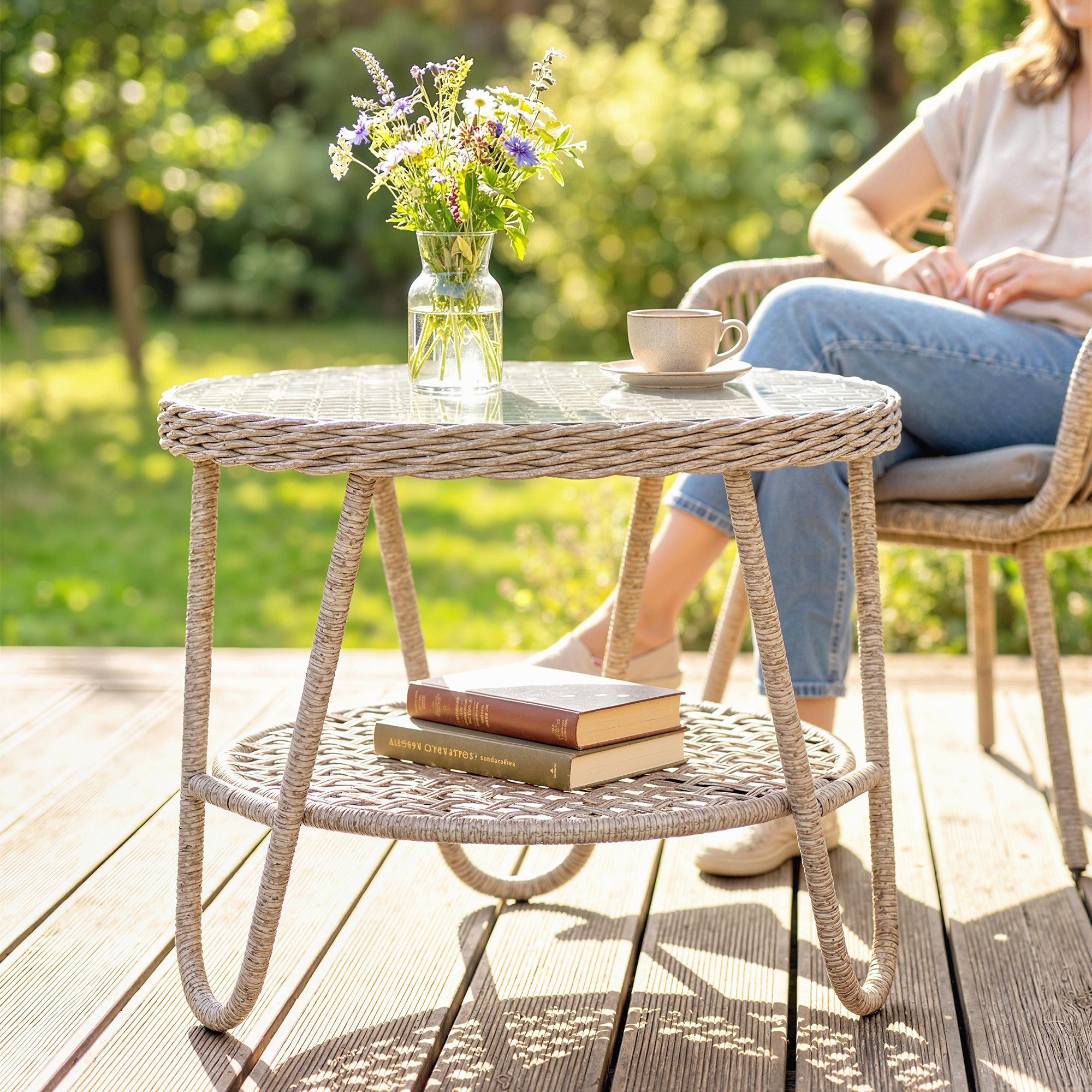 Beistelltisch aus Polyrattan 2-stöckiger Kaffeetisch mit Ablage Glasplatte verstellbaren Füßen 65 x 65 x 50 cm Gelb