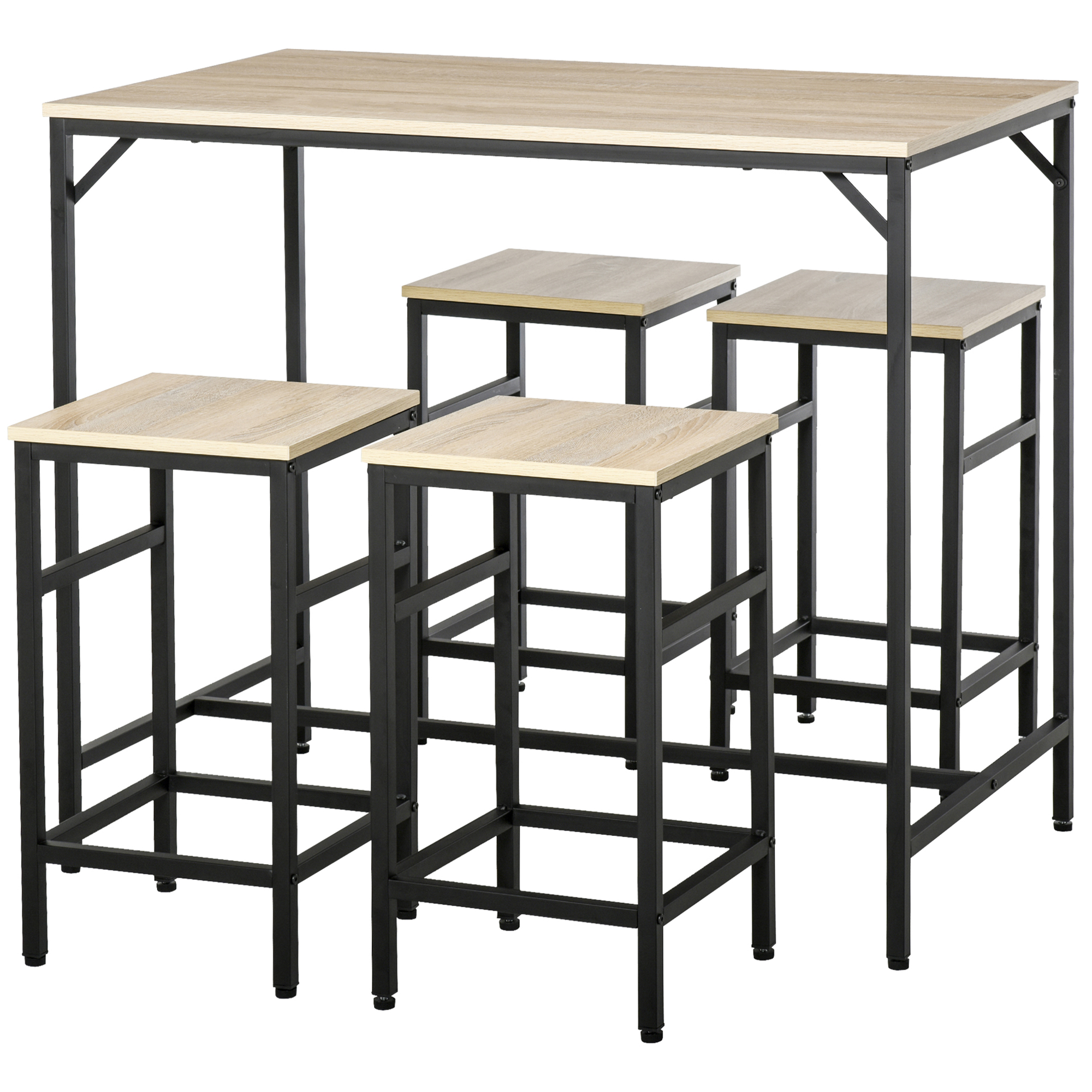 Bartisch-Set Stehtisch mit 4 Barhockern 5-teiliges Tischset Stahl Eiche