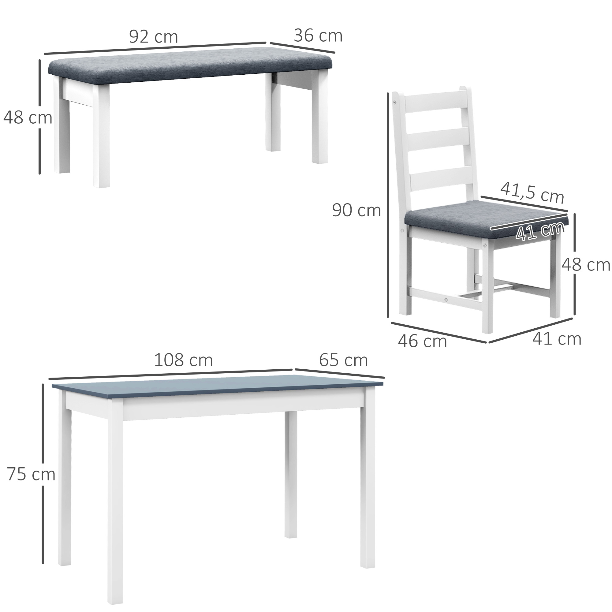 Sitzgruppe, 4-teiliges Esstisch-Set, 1 Tisch, 1 Bank, 2 Stühle, Grau + Weiß