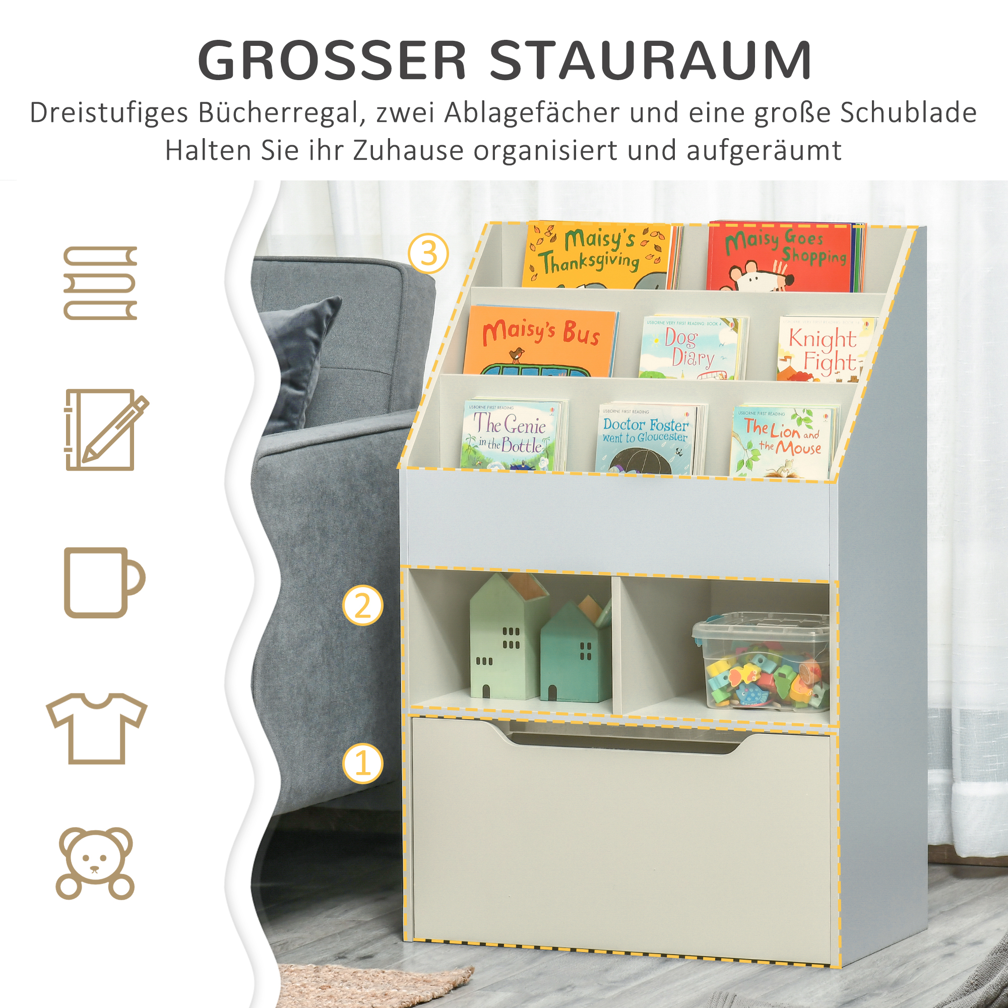 Kinderregal mit Schublade, Bücherregal mit Fächern, 60 x 29,9 x 90 cm, Grau