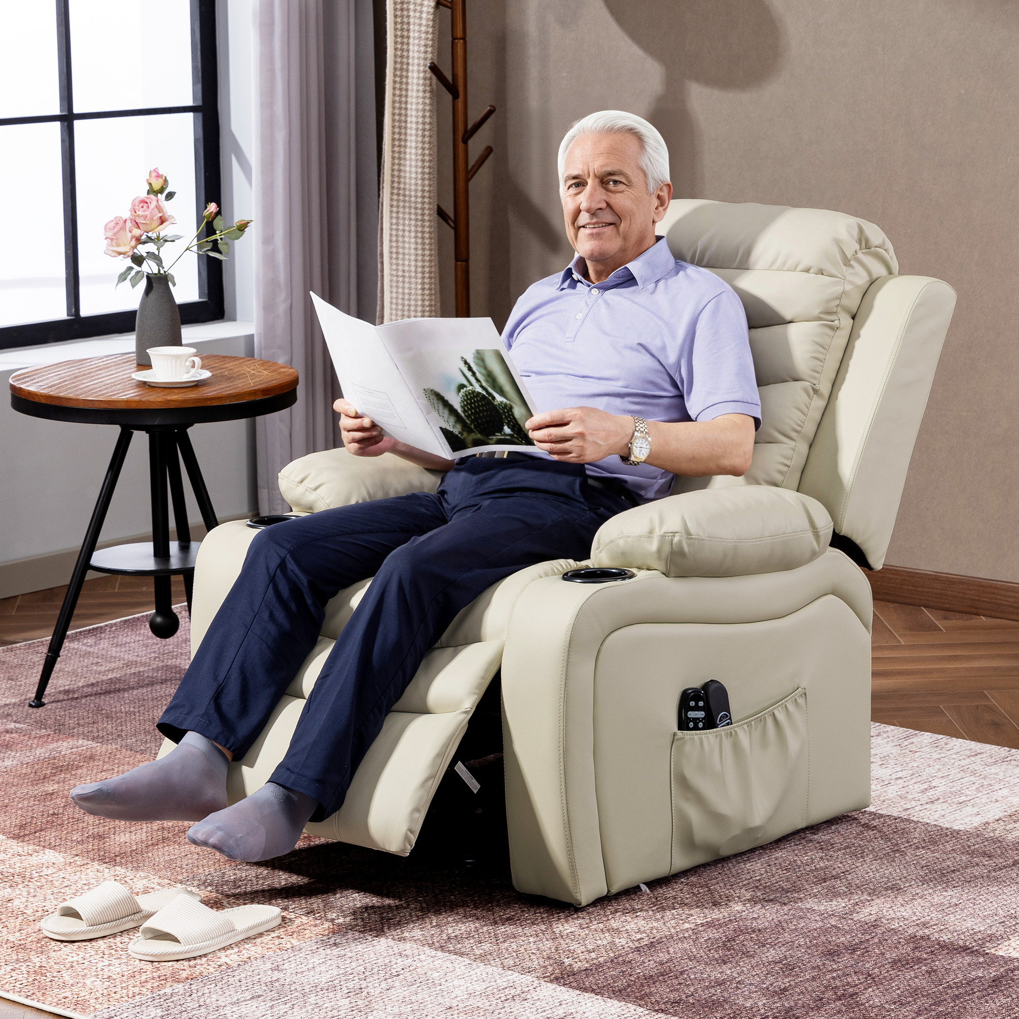 Fernsehsessel Relaxsessel Elektrisch mit Aufstehhilfe, Massage, Heizung, USB-Anschlüsse, PU, Creme
