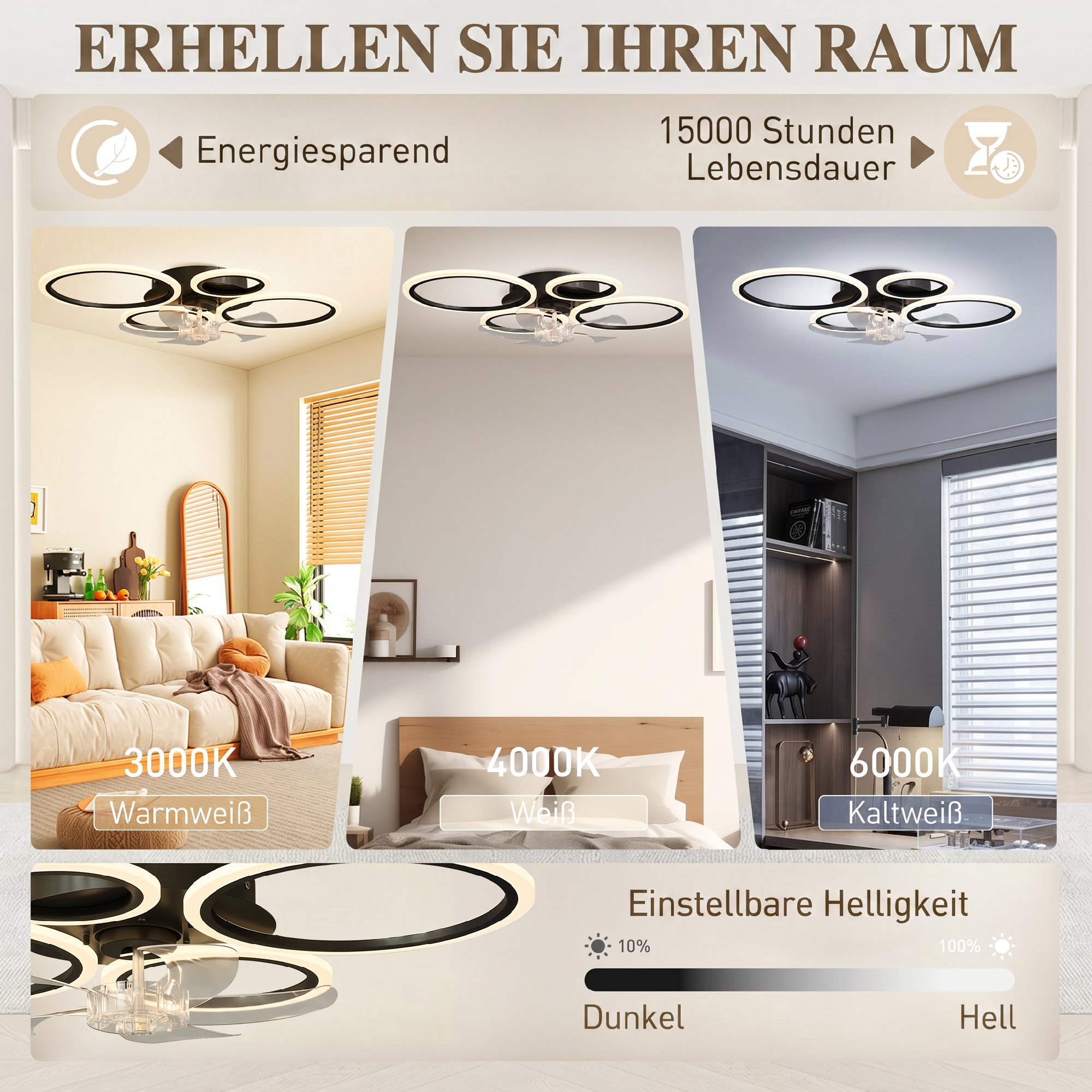 Deckenventilator mit Licht und Fernbedienung, 77 cm LED-Deckenventilator mit 3 Lichtfarben, 6 Geschwindigkeiten, Timer