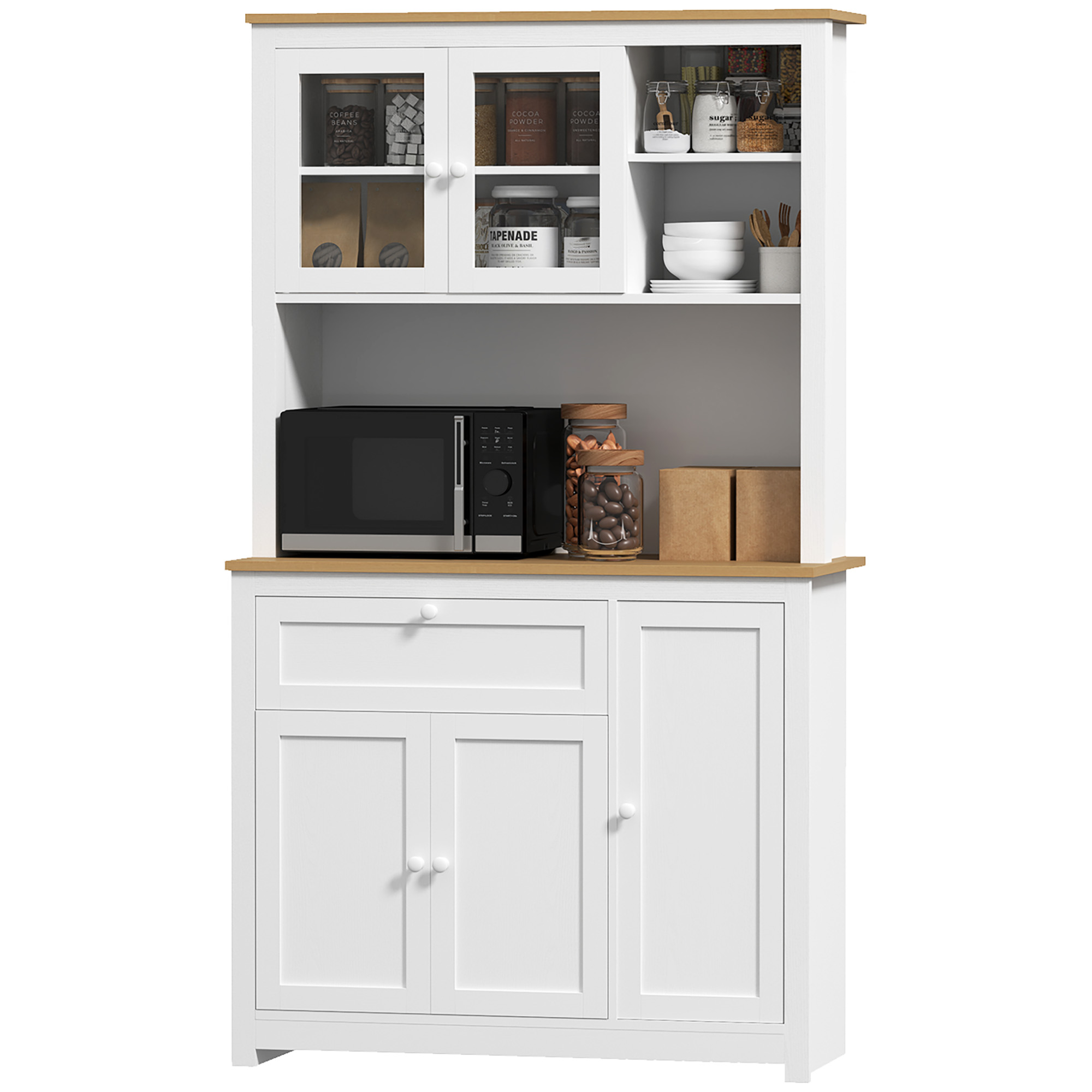 Küchenschrank im Landhausstil, 1 Vitrine, 1 offenes Regal, 1 Schublade, 2 Schränke, Natur + Weiß