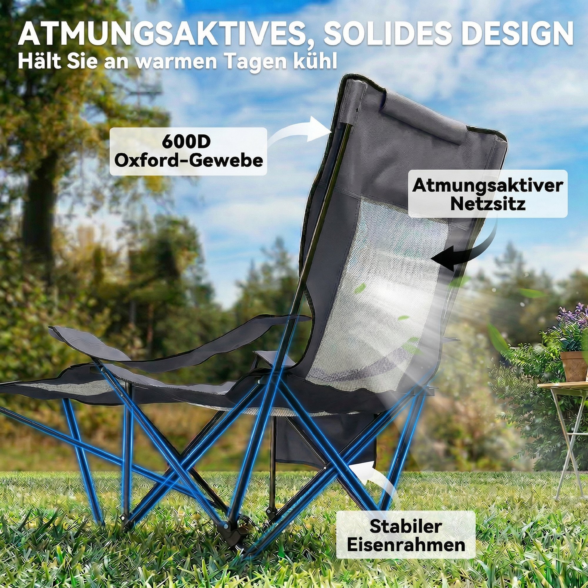 2er Set Campingstuhl faltbar Angelstuhl mit verstellbarer Rückenlehne Fußablage Getränkehalter Kopfstütze Dunkelgrau
