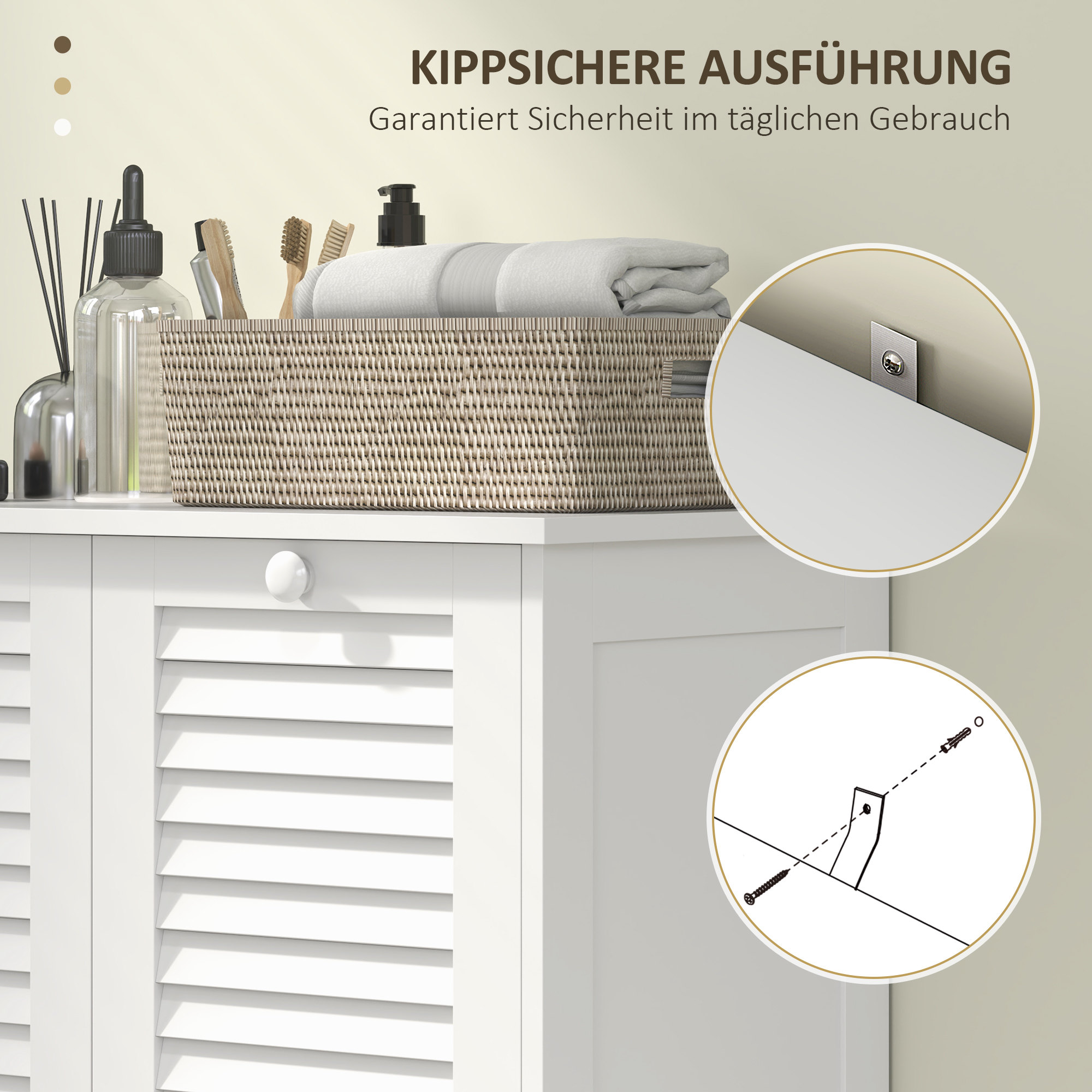 Wäscheschrank, 2 Kippbehälter für Wäsche, 2 Lamellentüren, 70 x 38 x 73 cm, Weiß