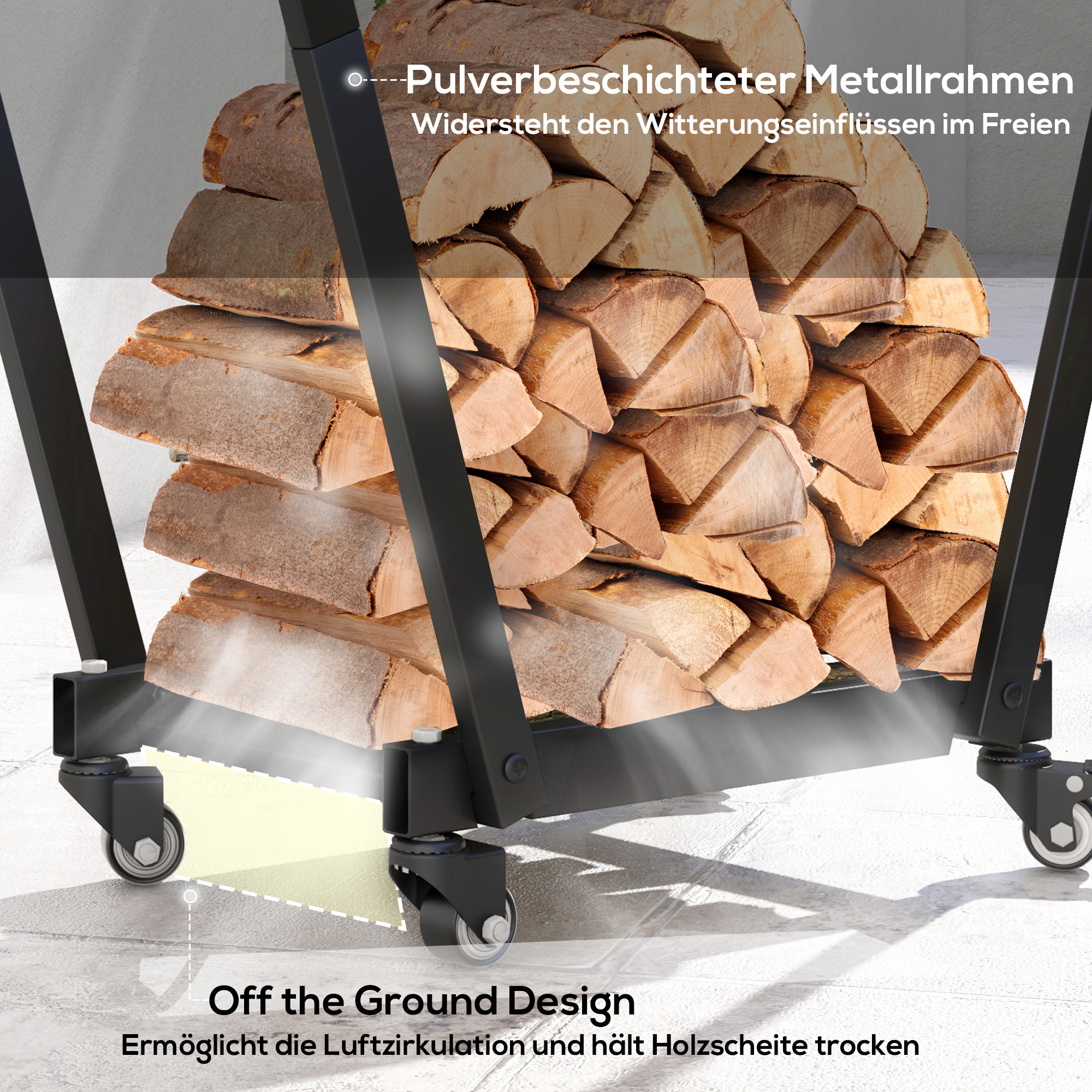 Feuerholzgestell, trapezförmiges Design, pulverbeschichteter Metall, mobil mit Rollen, 79 x 30 x 81 cm, Schwarz