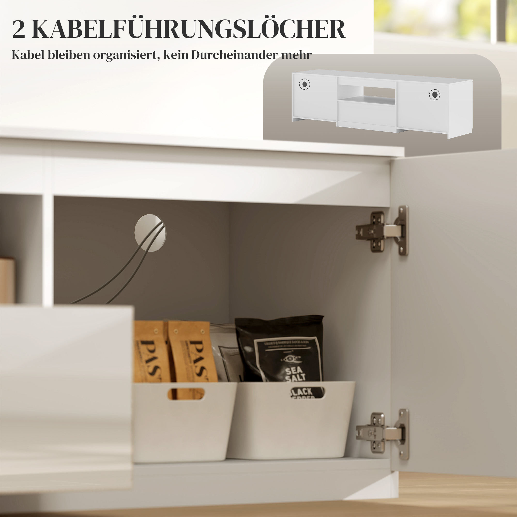TV-Lowboard, Hochglanz, für Fernseher bis 65'', 3 Fächer, Schublade, 160 x 38 x 43 cm, Weiß