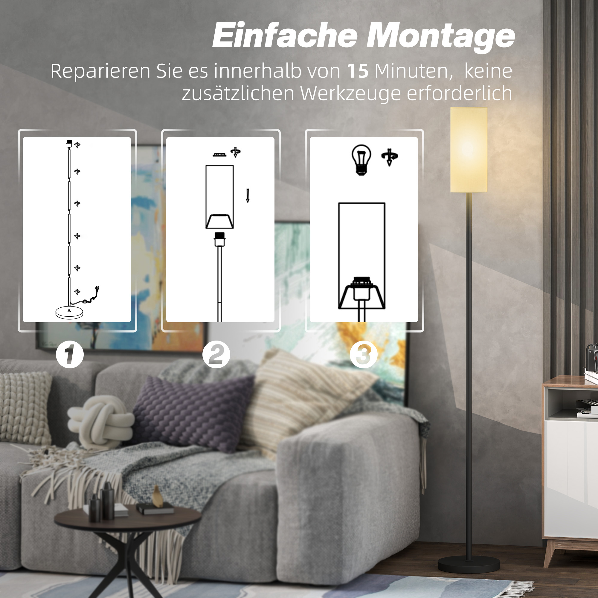 Stehlampe, Schirm in Leinenoptik, Metallstange, Fußschalter, Weiß