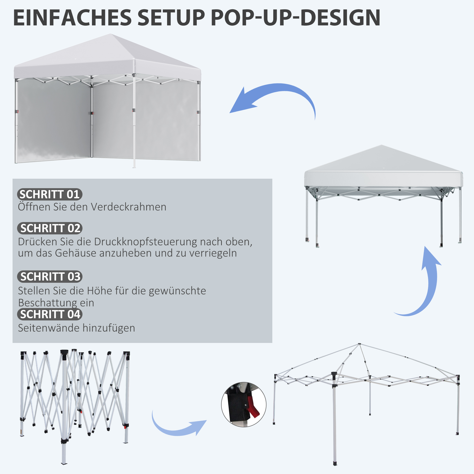 Faltpavillon, 2 Seitenwände, höhenverstellbar, mit Transporttasche, rostfreies Stahlgestell, 3x3 m, Weiß
