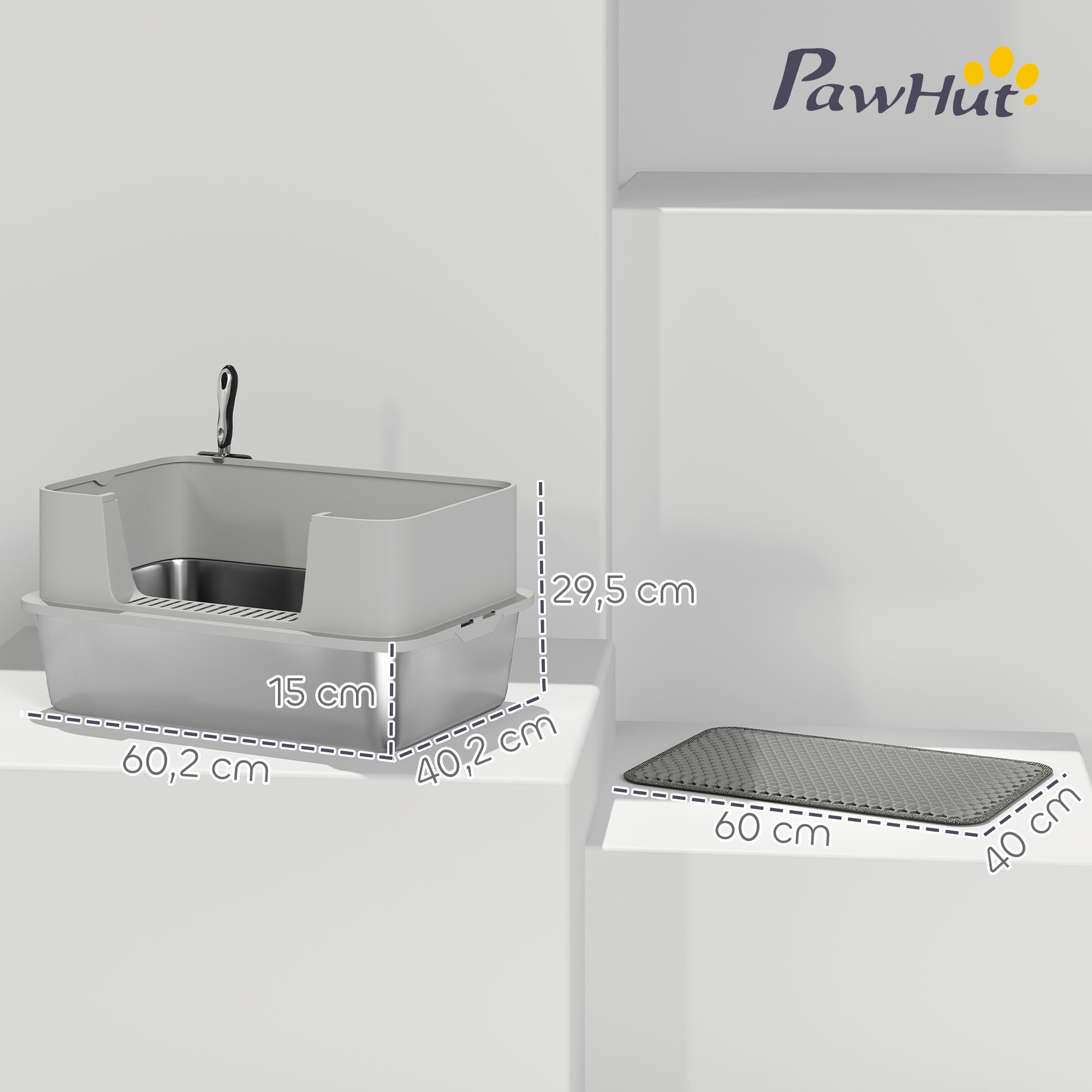 Katzentoilette Edelstahl Offene Katzenklo mit Schaufel hohem Rand Matte für Katzen bis 7 kg 60,2 x 40,2 x 29,5 cm, Grau