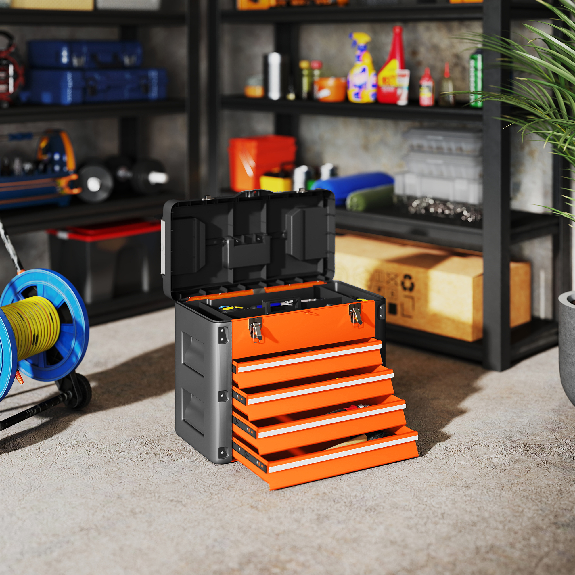 Werkzeugkiste leer, 49,7 x 25,3 x 40,7 cm Werkzeugkasten mit 4 Schubladen, Mini-Box Stahl Orange