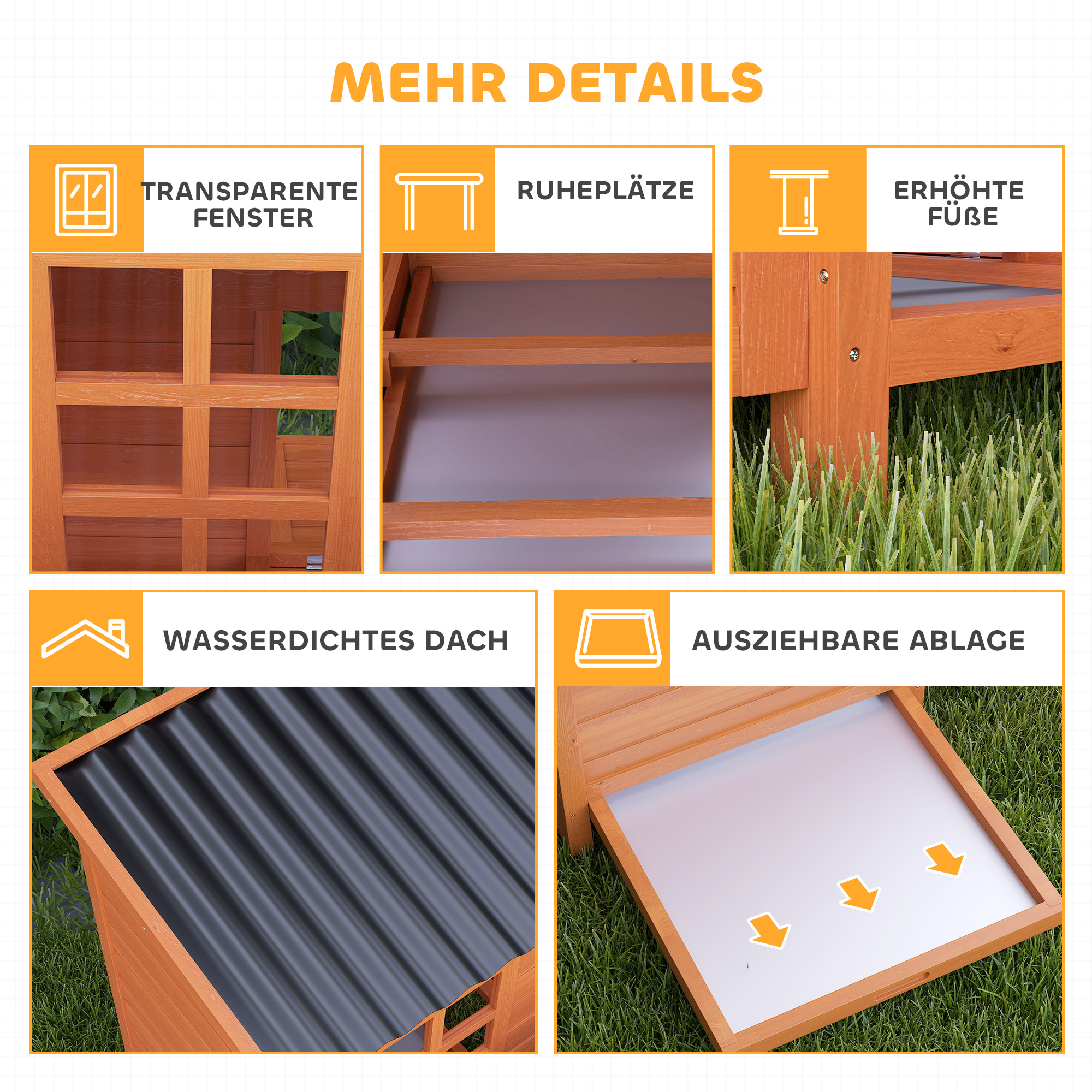 Hühnerstall mit Nestkasten für 3-4 Hühner, Wasserfestes Dach, Tannenholz, Kunststoff, 100 x 86 x 100 cm, Orange