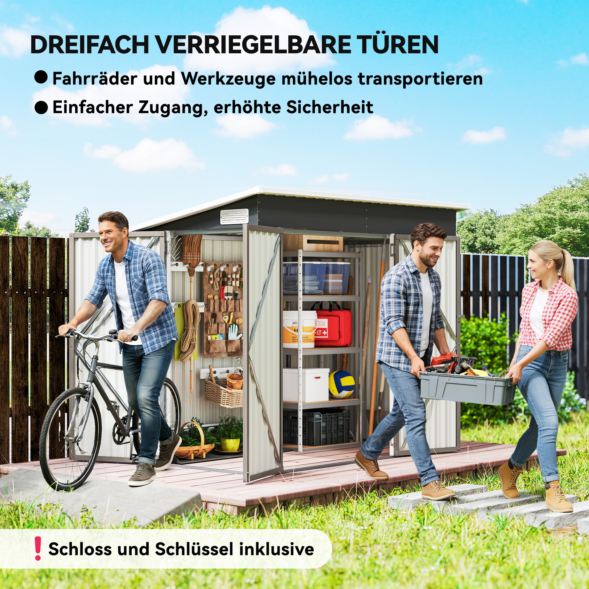 Metall Gerätehaus 2,68 m², abschließbar Geräteschuppen mit 3 Türen Lüftung Pultdach Handschuhen