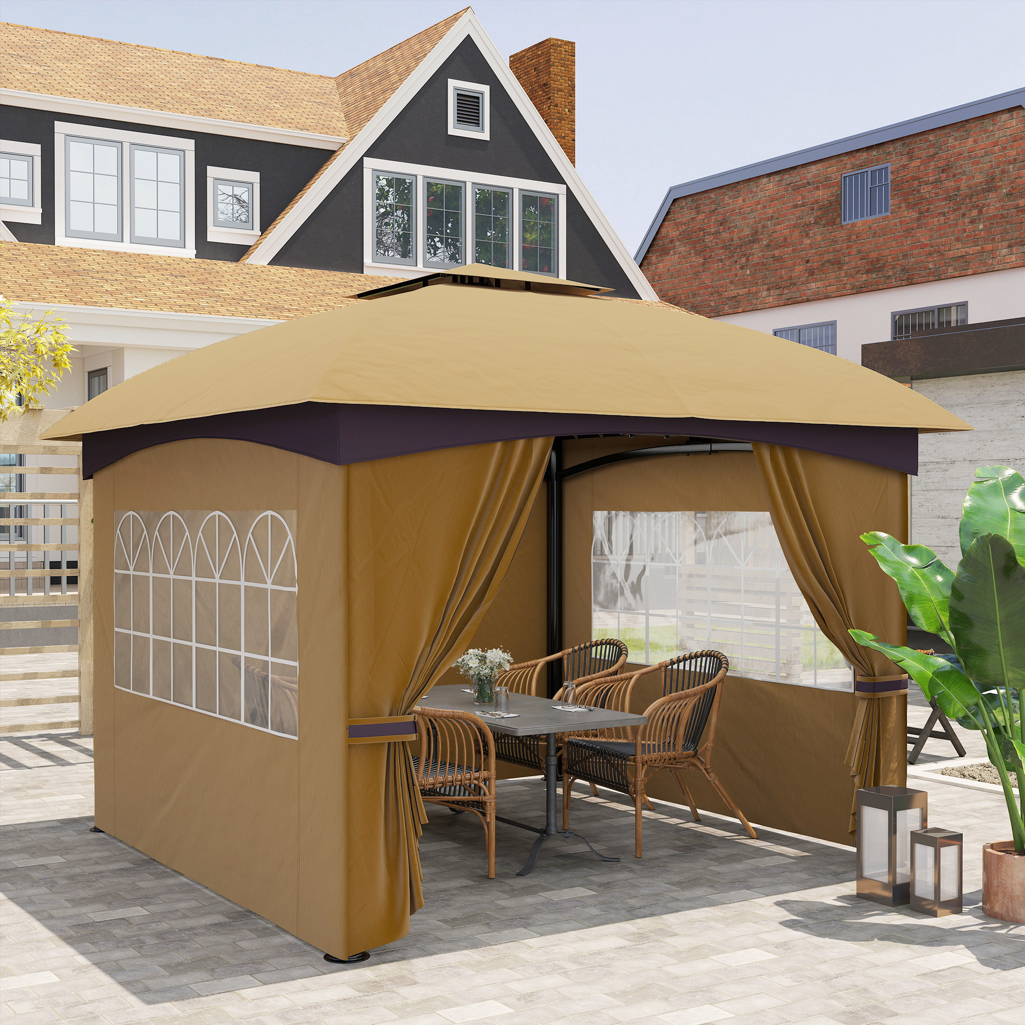 3,4 x 3,4 m Gartenpavillon, Bierzelt mit Lüftungsdach, Bogenfenstern, Stahlgestell, Beige