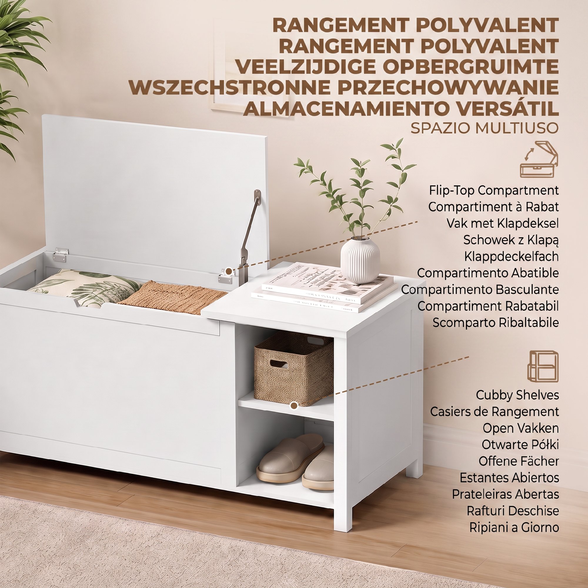 Schuhbank mit verstellbarem Einlegeboden und Klappfach, Schuhaufbewahrungsbank, Weiß