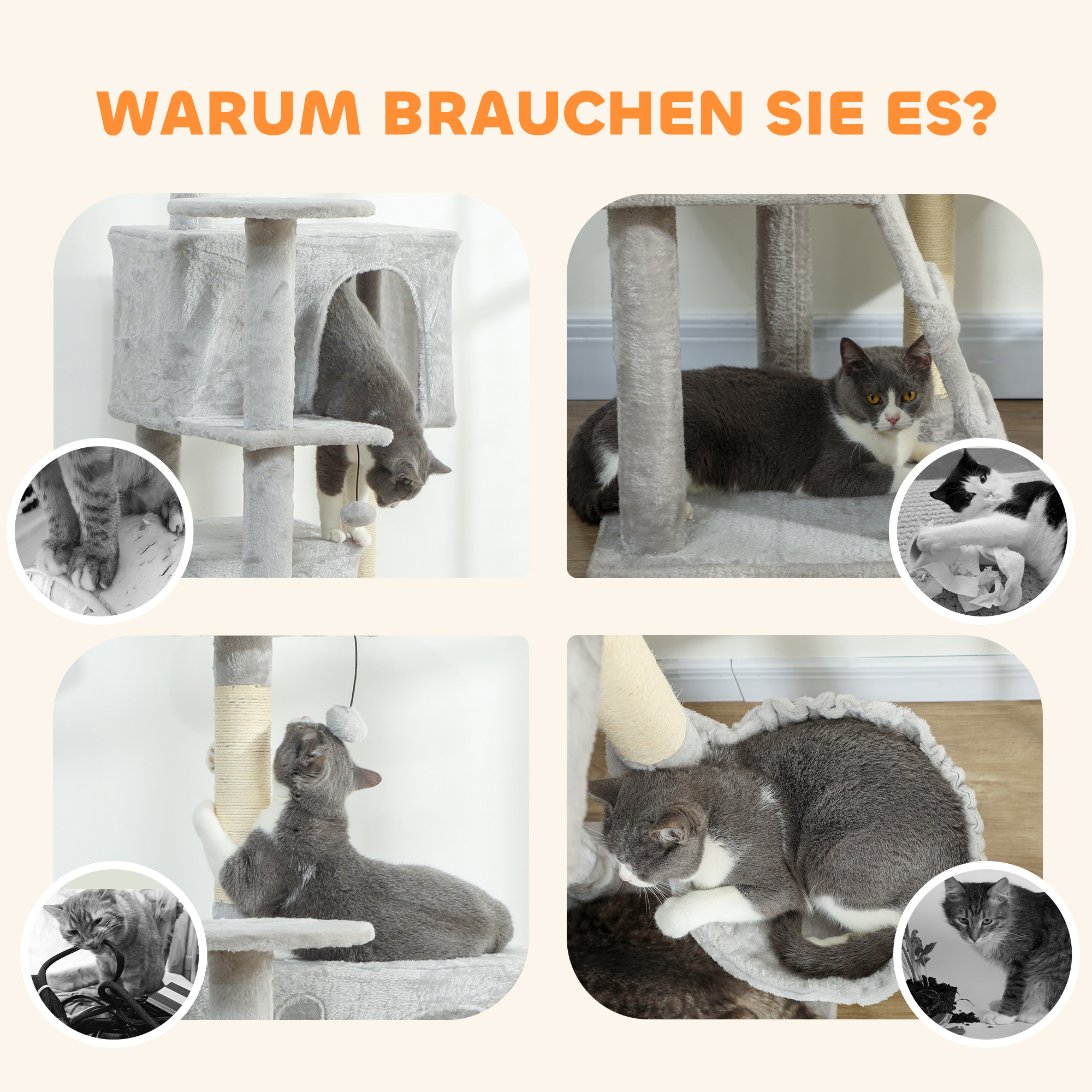 160 cm Katzenkratzbaum, mehrere Ebenen, Sisal-Kratzpfosten, Höhlen, Plüsch-Plattformen, Hängematte, Leiter, Spielbälle