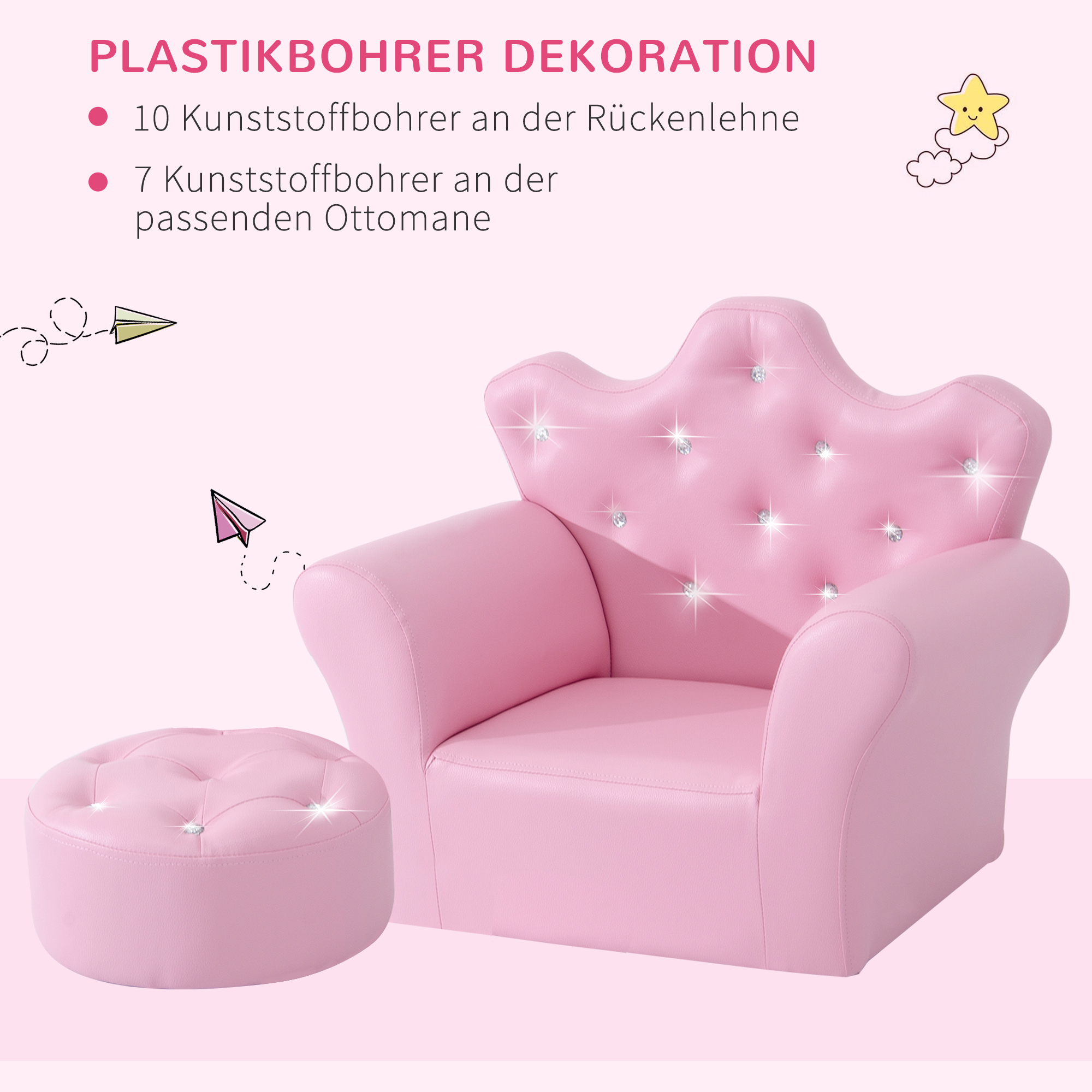 Spielsofa für Kinder, Kindersofa mit Ottomane, Kindercouch Prinzessinnen Spielsofa Kindercouch Mini Couch für Kuschelecke, Kinderzimmer, Spielzimmer, Schlafzimmer, Rosa