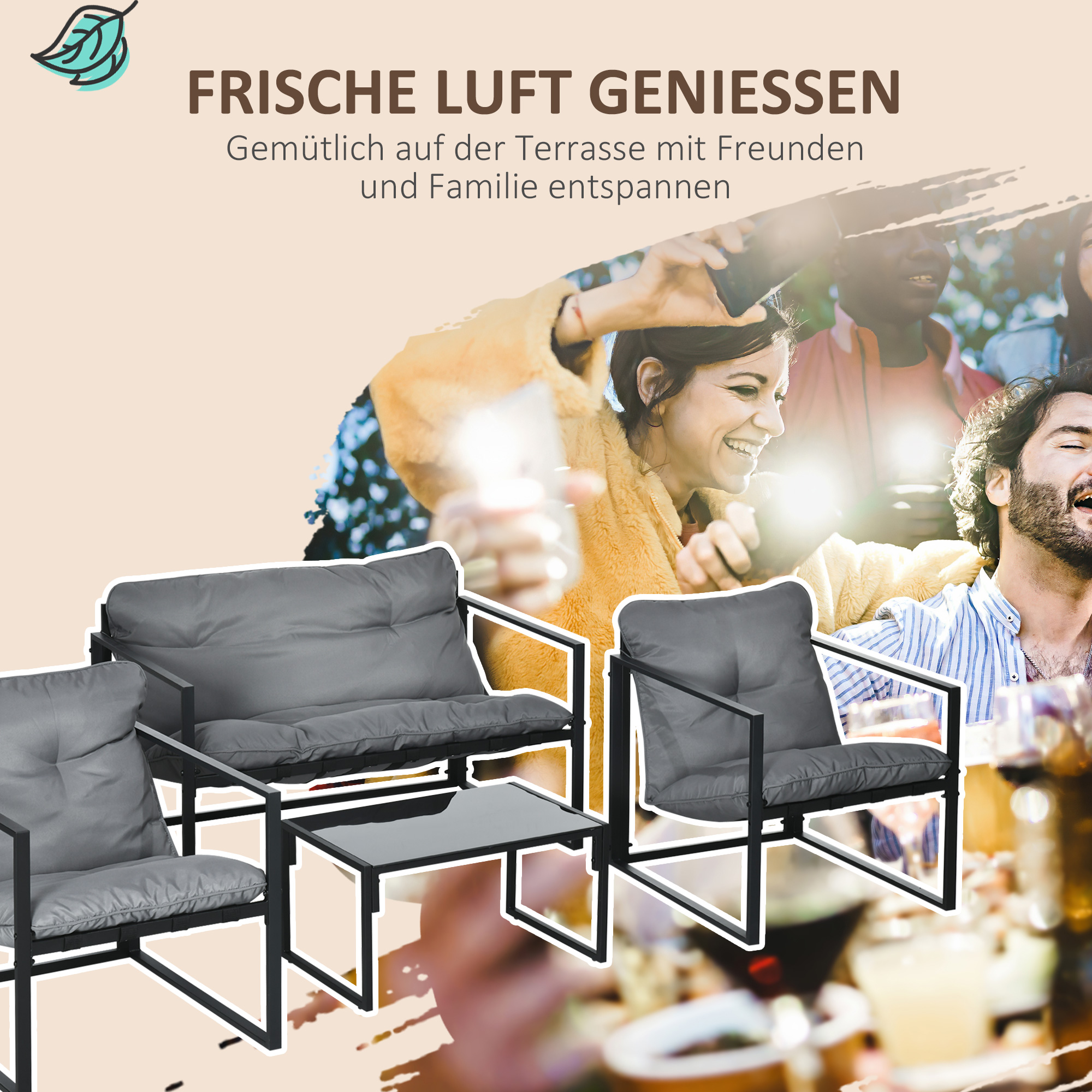 Gartenmöbel-Set, 1 Glastisch, 2 Sessel. 1 Sofa, wetterbeständig,114 cm x 70 cm x 67 cm, Grau+Schwarz