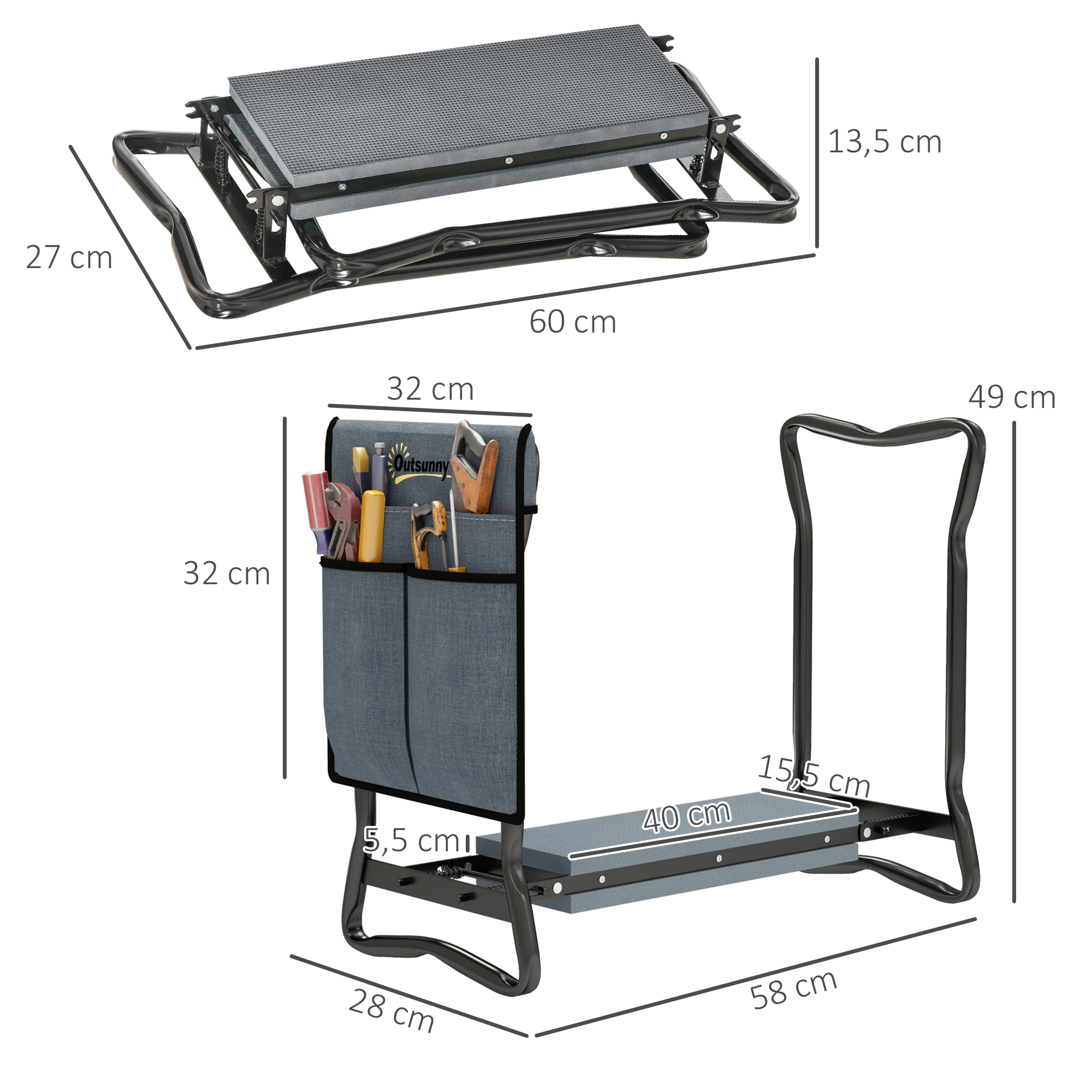 Kniebank für Gartenarbeit klappbar Gartenhocker mit Kniekissen Werkzeugtaschen bis 150 kg 58 x 28 x 49cm Grau