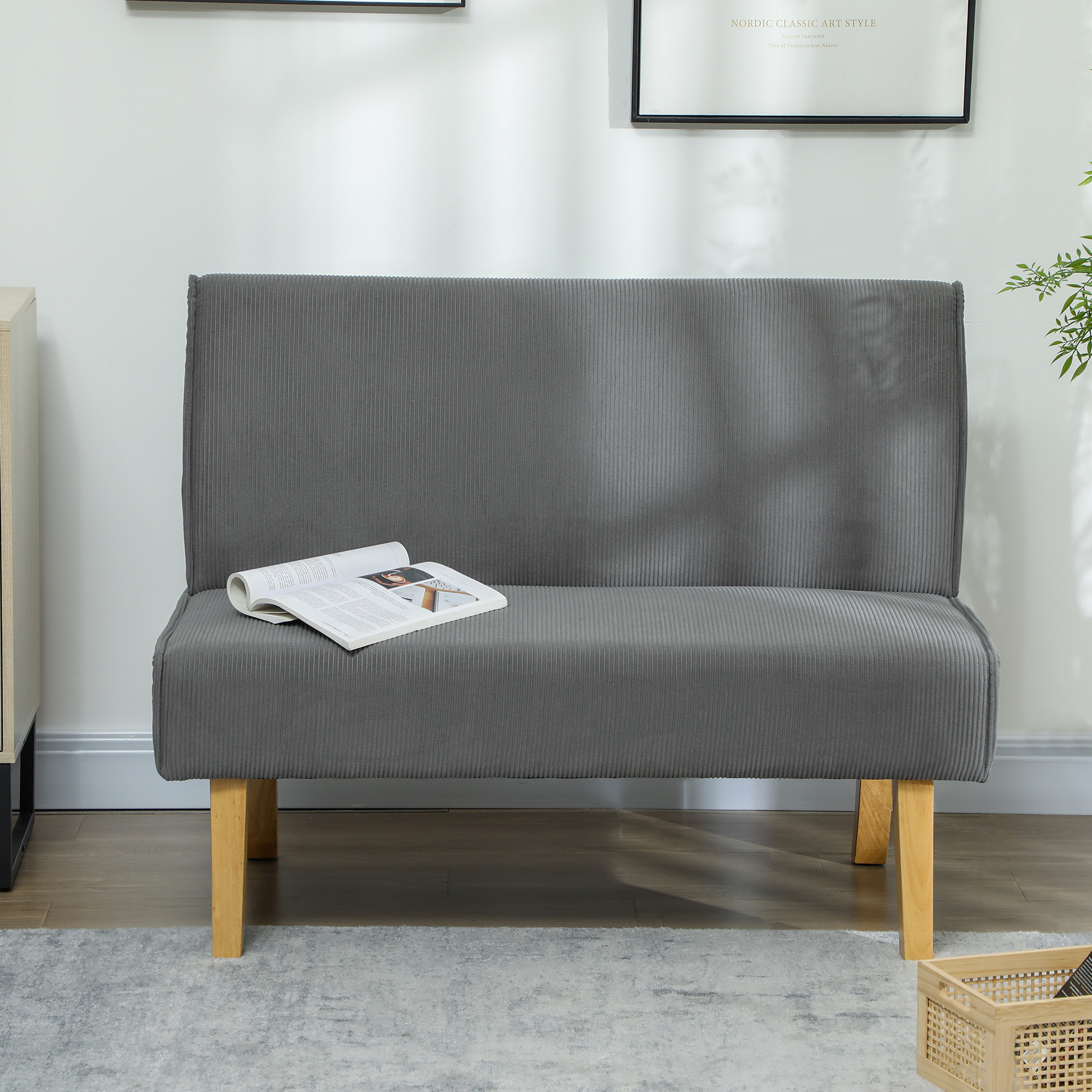 Zweisitzer-Sofa mit Cord-Bezug, dicker Polsterung und soliden Holzbeinen für Wohnzimmer, Schlafzimmer, Büro, Grau