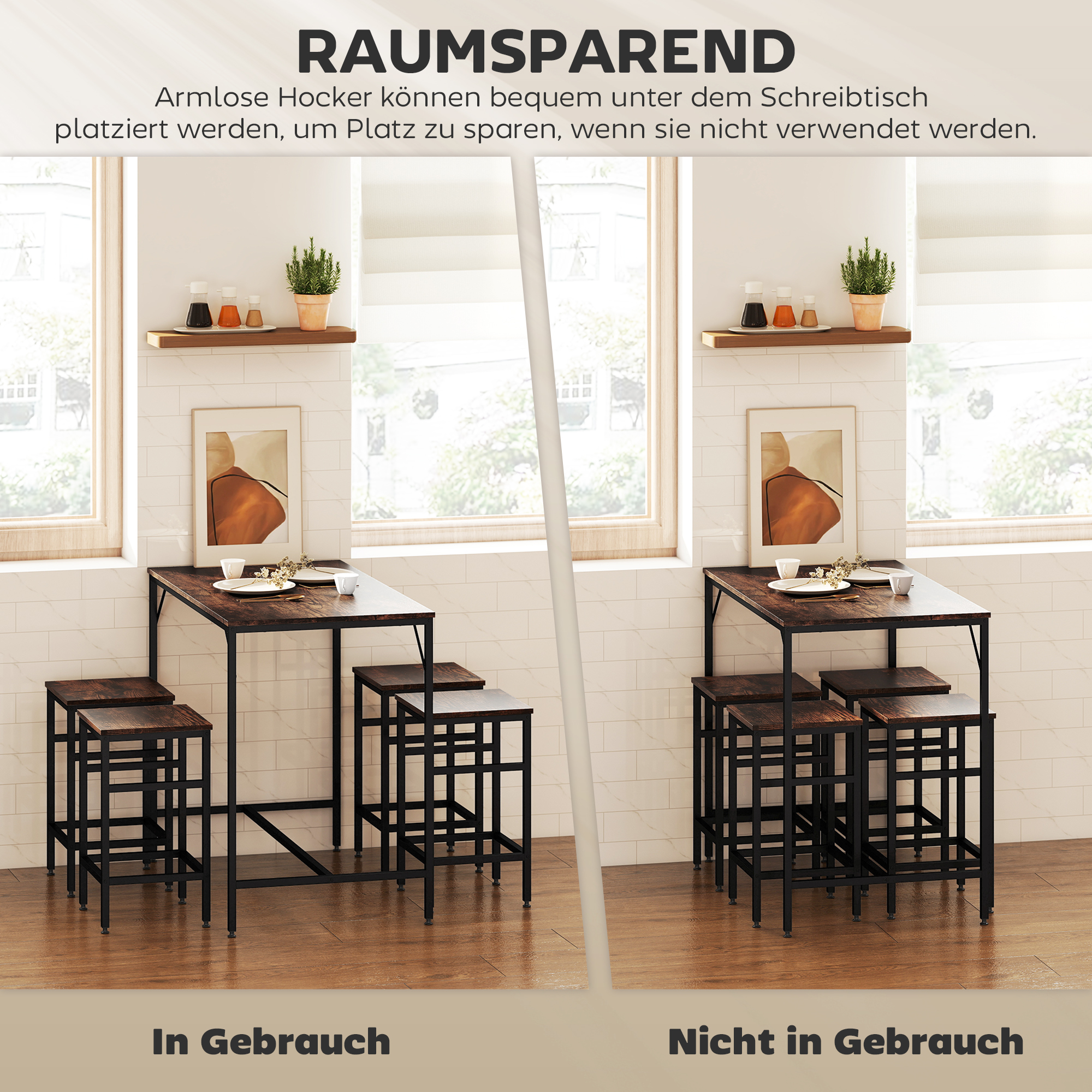 5-teiliges Bartisch Set Bartisch mit Barhocker-Set Esstisch mit 4 Stühlen Küchentisch für Esszimmer, Küche, Rustikal-Braun+Schwarz