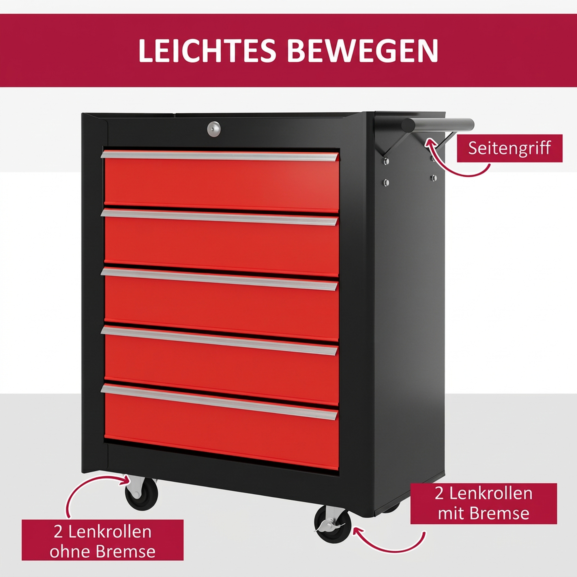 Werkzeugkiste, Werkzeugschrank, rollbar, 5 Schubladen, Stahlblech, Schwarz+Rot