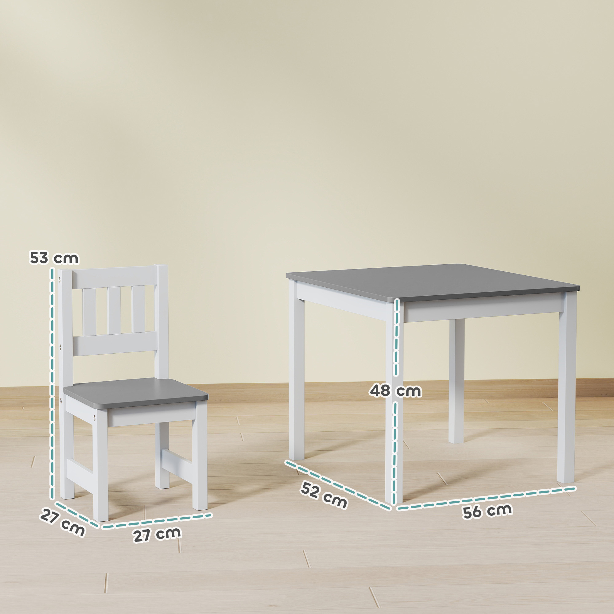 Kindertisch mit 2 Stühlen, 3tlg Kindersitzgruppe, Sitzgruppe für Kinder, Kindermöbel, 56 x 52 x 48 cm Grau