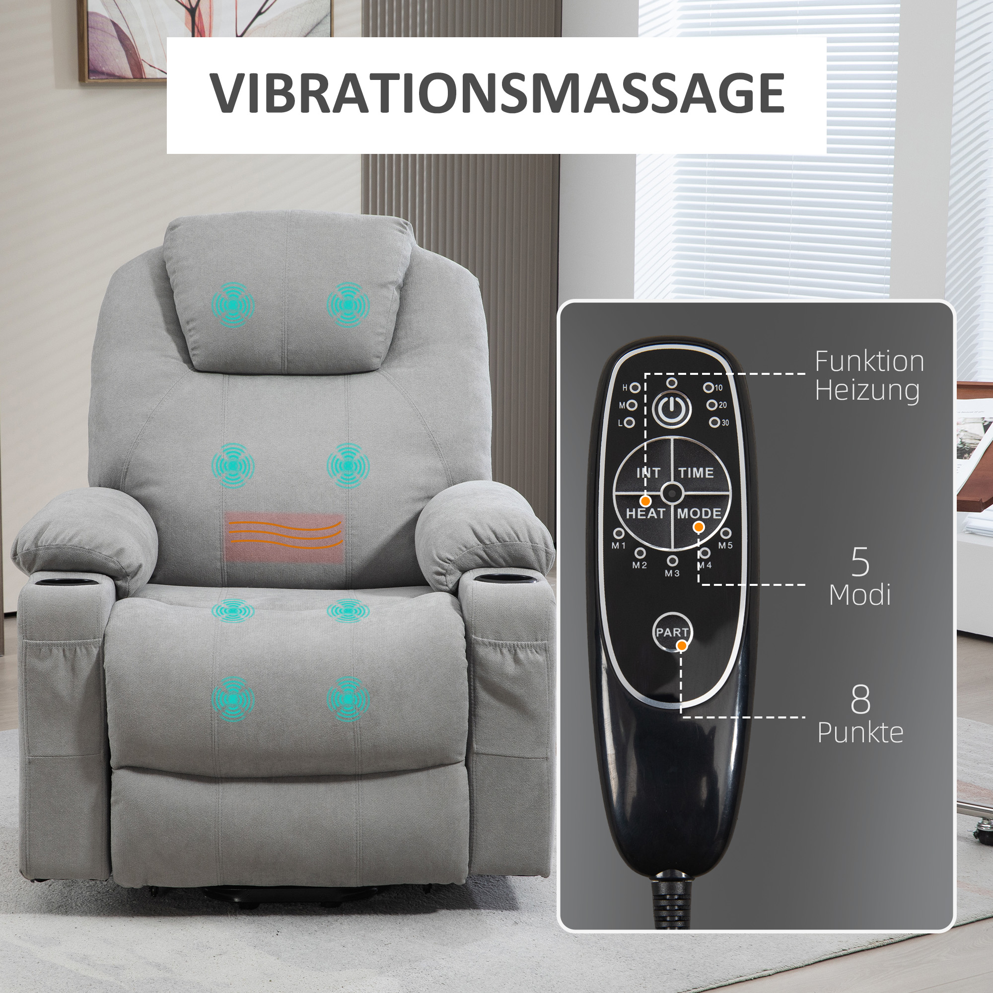 Massagesessel Aufstehhilfe Seniorensessel, 8 Vibrationspunkte, 2 Seitentaschen, Getränkehalter, 90 x 101 x 107 cm, Grau