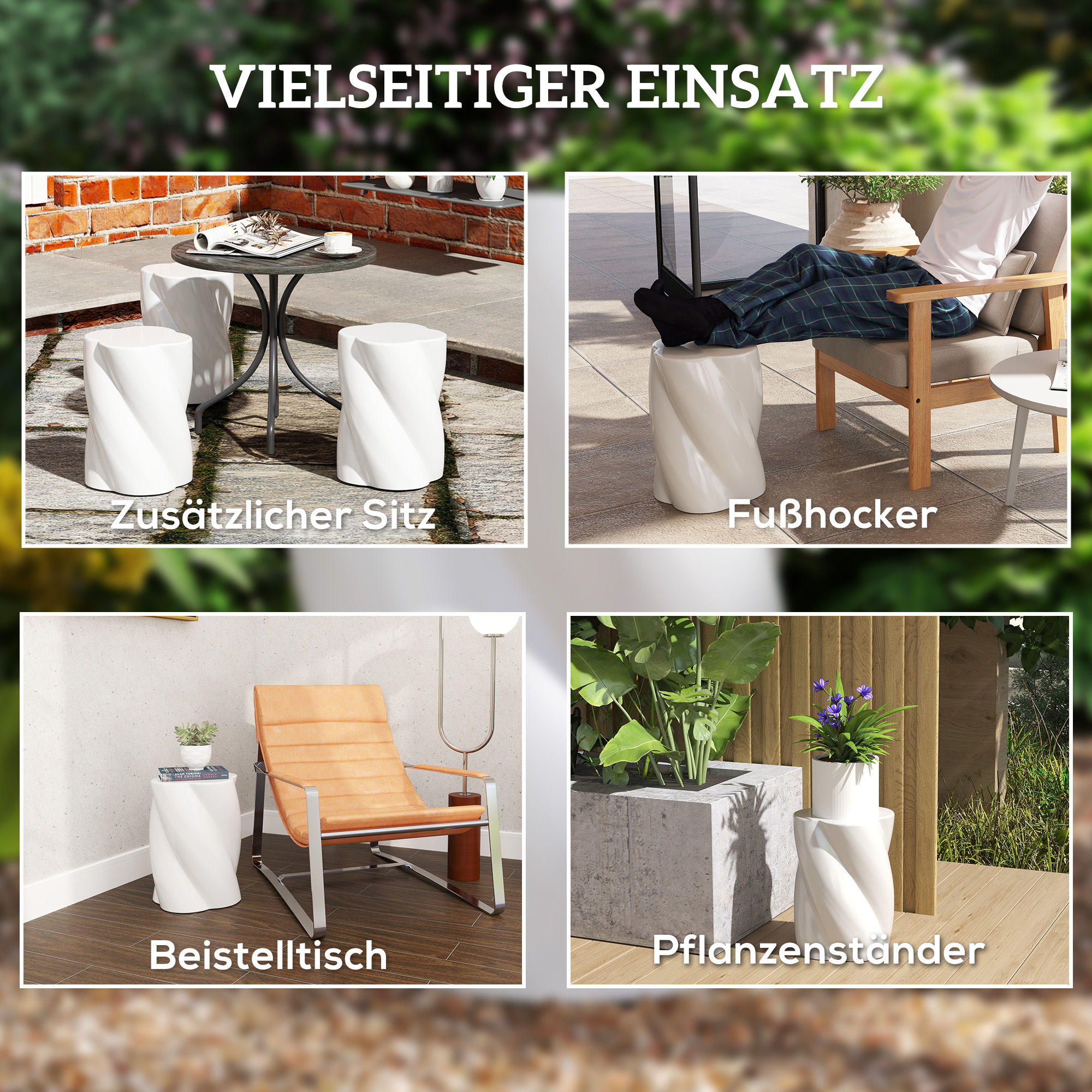 Sitzhocker aus Keramik in Spiralform 120kg belastbar Ø33 x 45 cm Wetterfest Garten Hocker mit Deckel Weiß